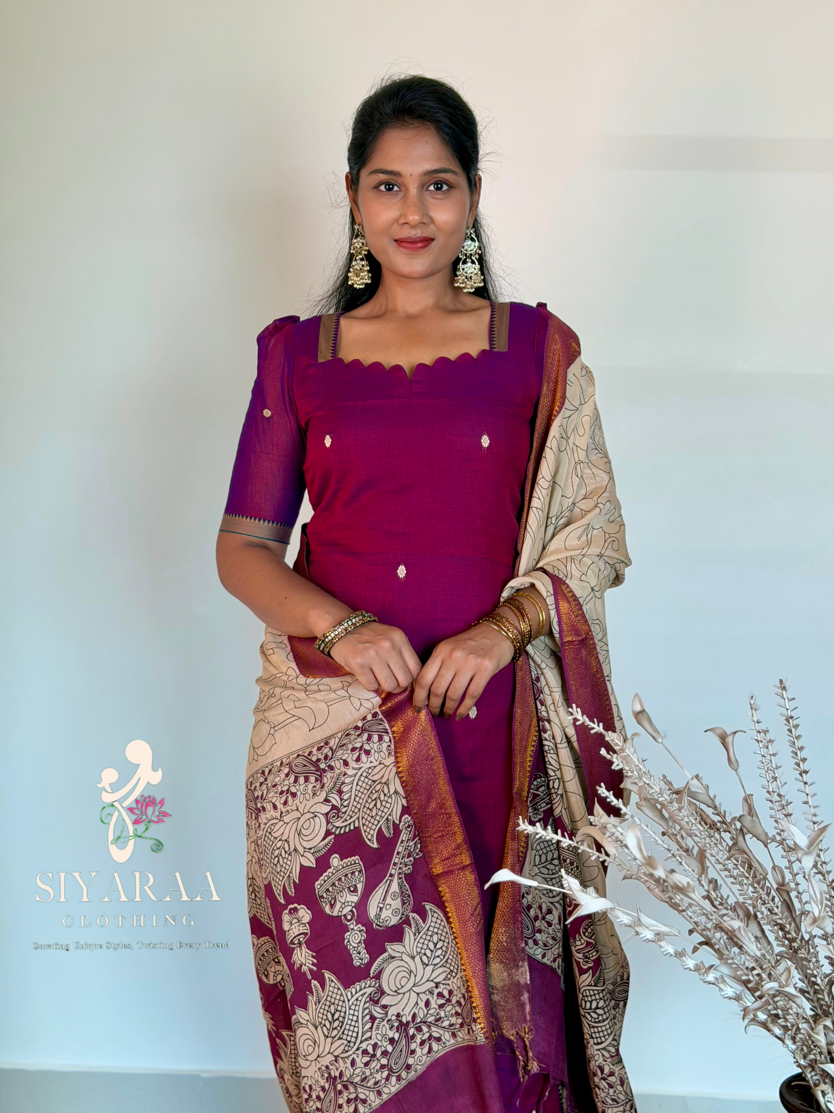 SIYA127 WINE| Varnika Narayanpet Top with Kalamkari Dupatta (2-Piece)