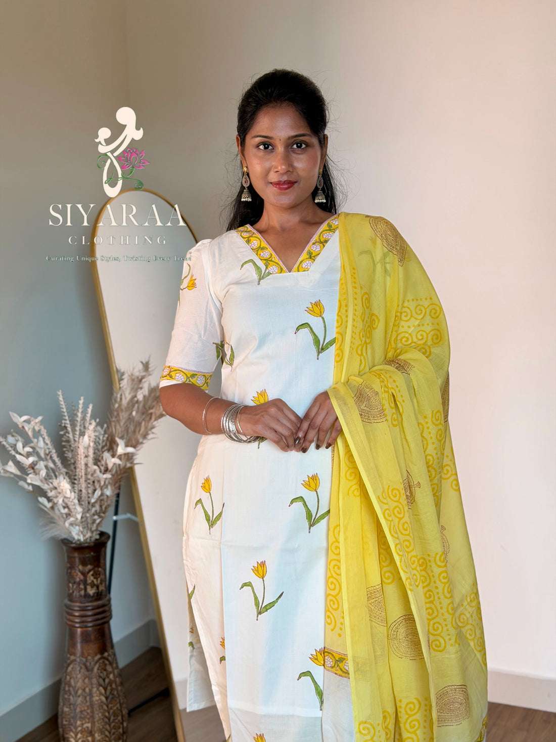 SIYA128 Half white| Handblock Jaipur Cotton 3-Piece Kurta Set