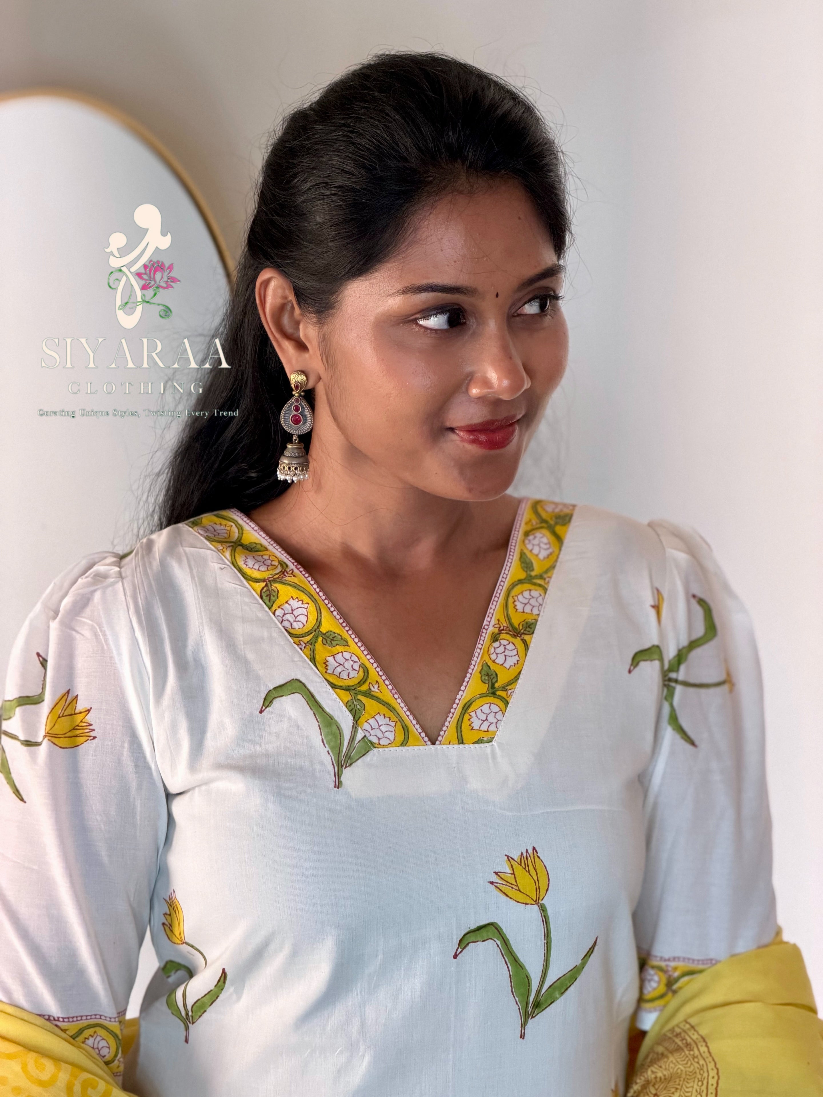 SIYA128 Half white| Handblock Jaipur Cotton 3-Piece Kurta Set