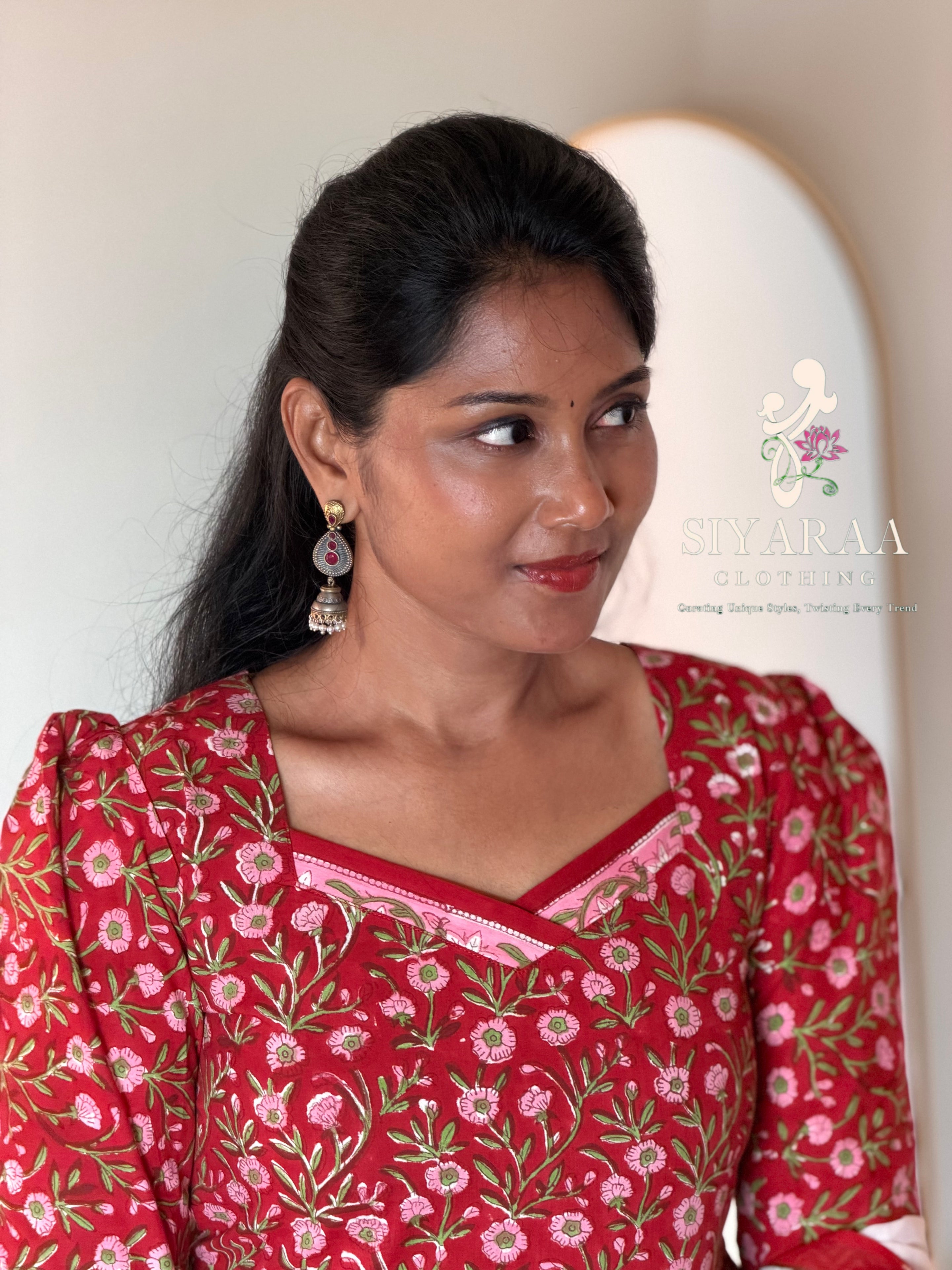 SIYA128 Red| Handblock Jaipur Cotton 3-Piece Kurta Set