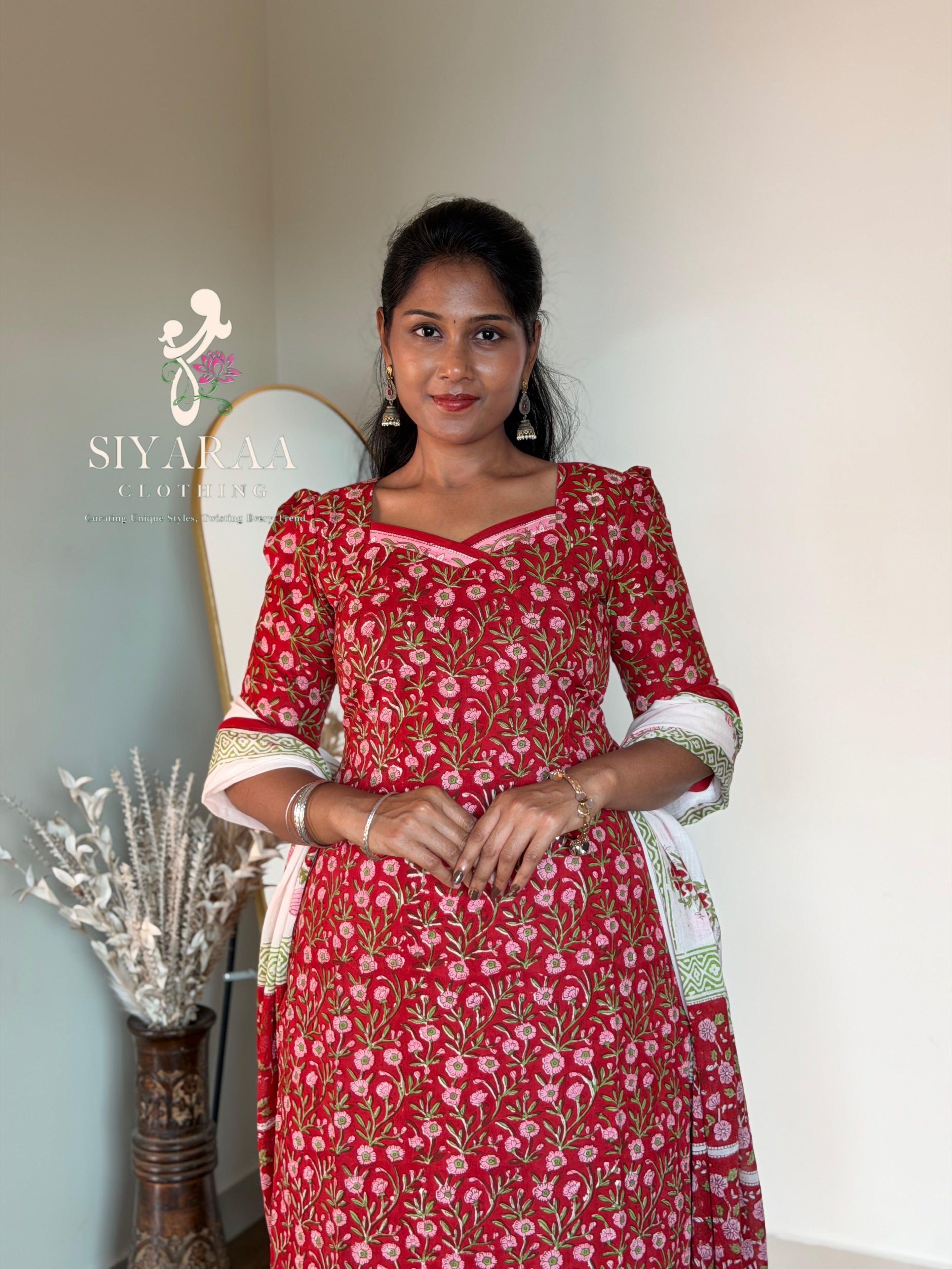 SIYA128 Red| Handblock Jaipur Cotton 3-Piece Kurta Set