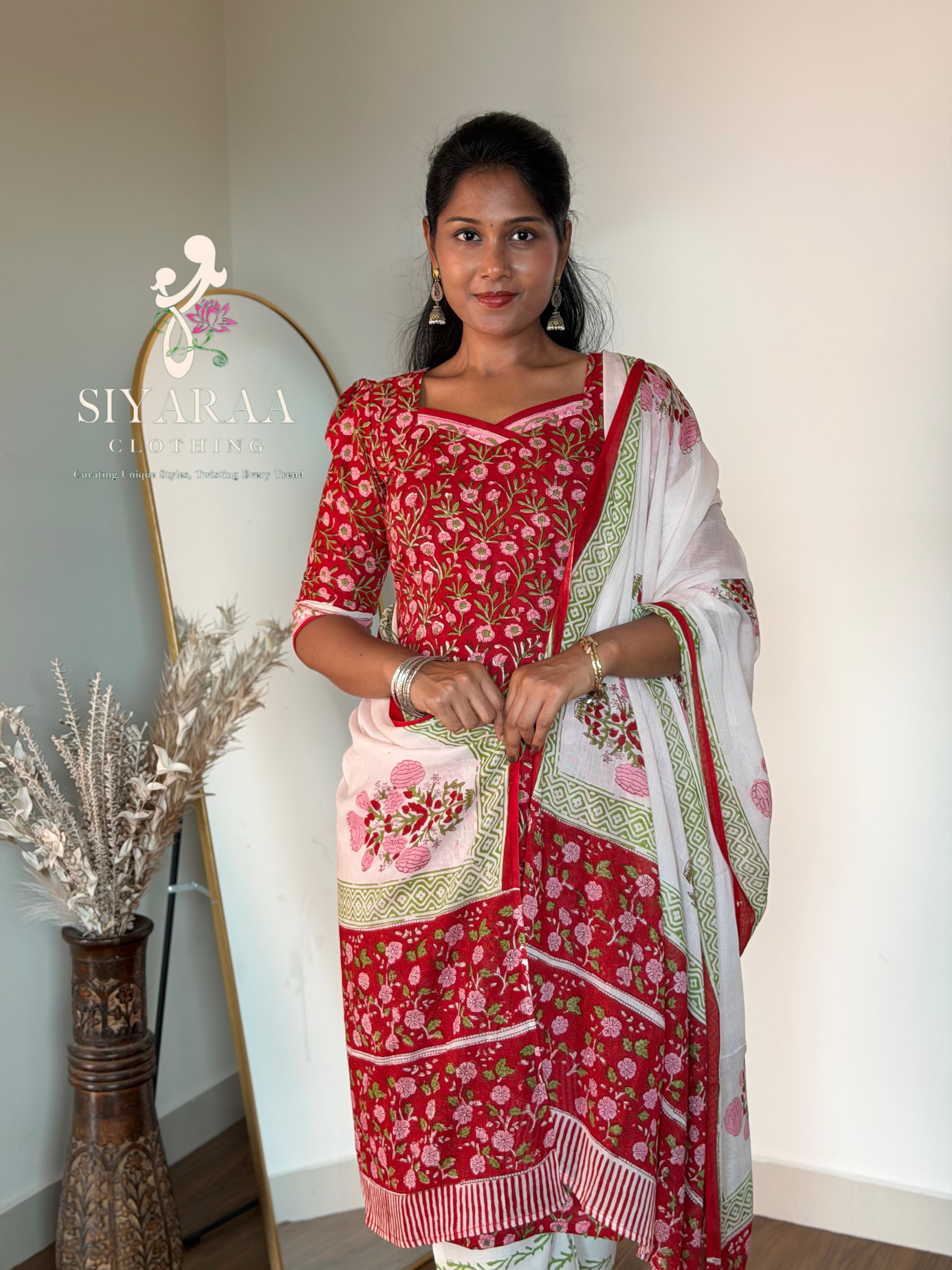 SIYA128 Red| Handblock Jaipur Cotton 3-Piece Kurta Set