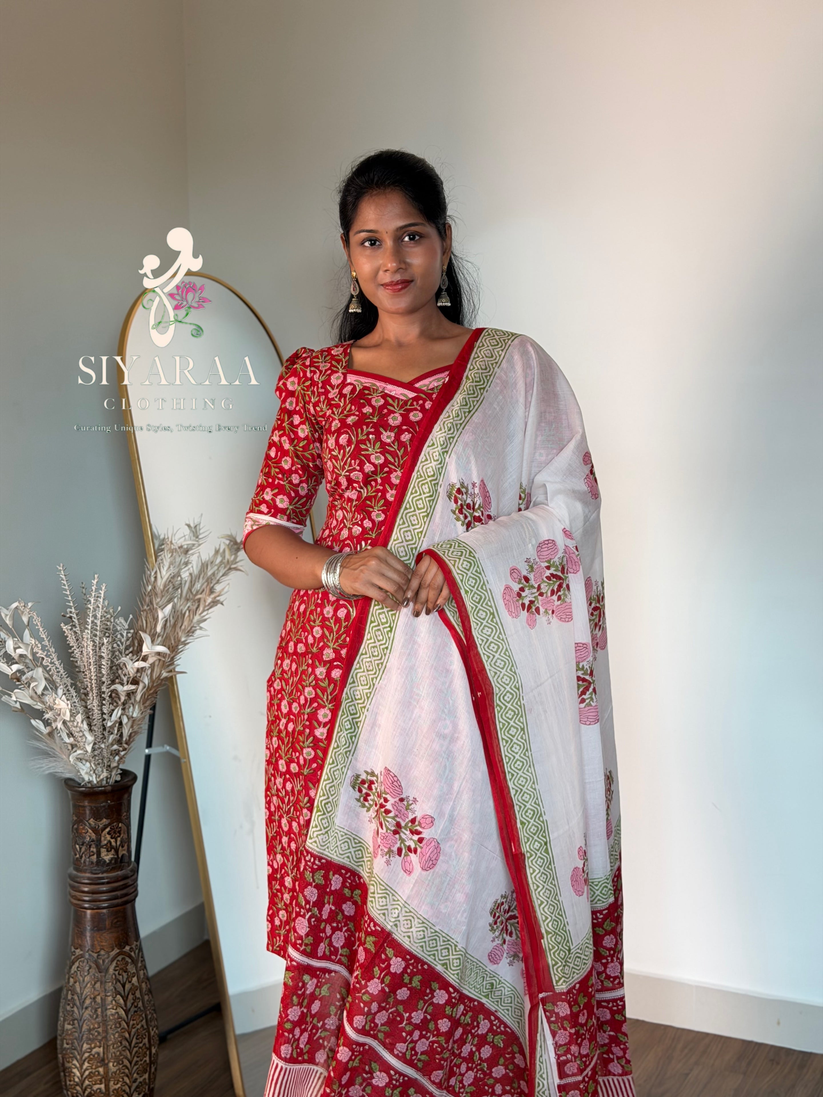 SIYA128 Red| Handblock Jaipur Cotton 3-Piece Kurta Set