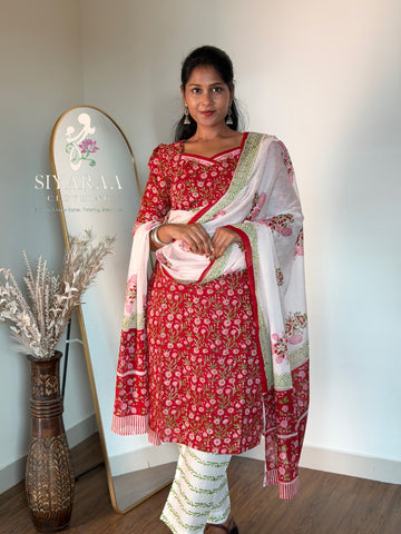 SIYA128 Red| Handblock Jaipur Cotton 3-Piece Kurta Set