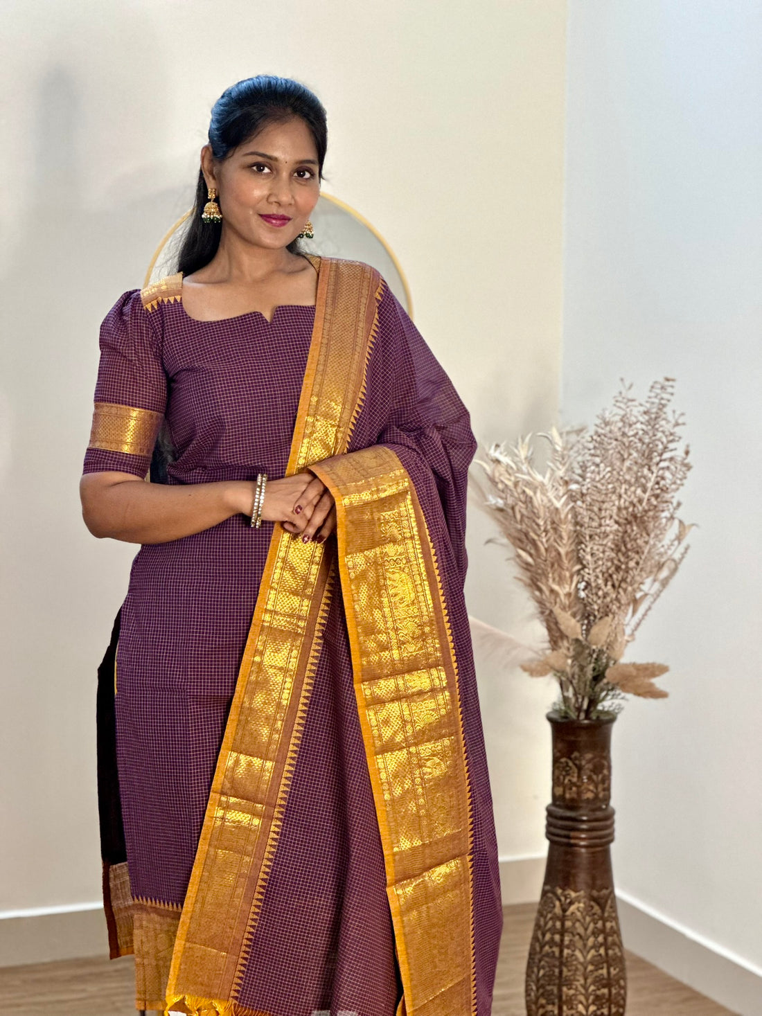 SIYA073 Purple | Vihana Chettinad Cotton Kurti with Dupatta (2-Piece)
