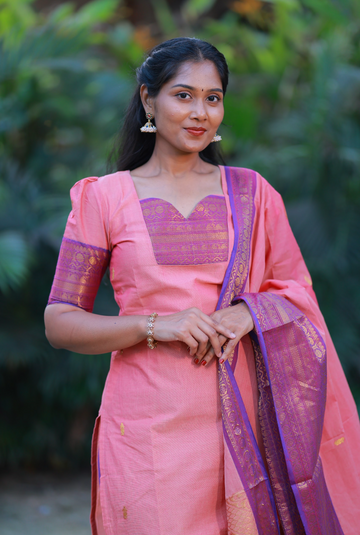 SIYA080 Pink | Varnika Chettinad Cotton Kurti with Dupatta (2-Piece)