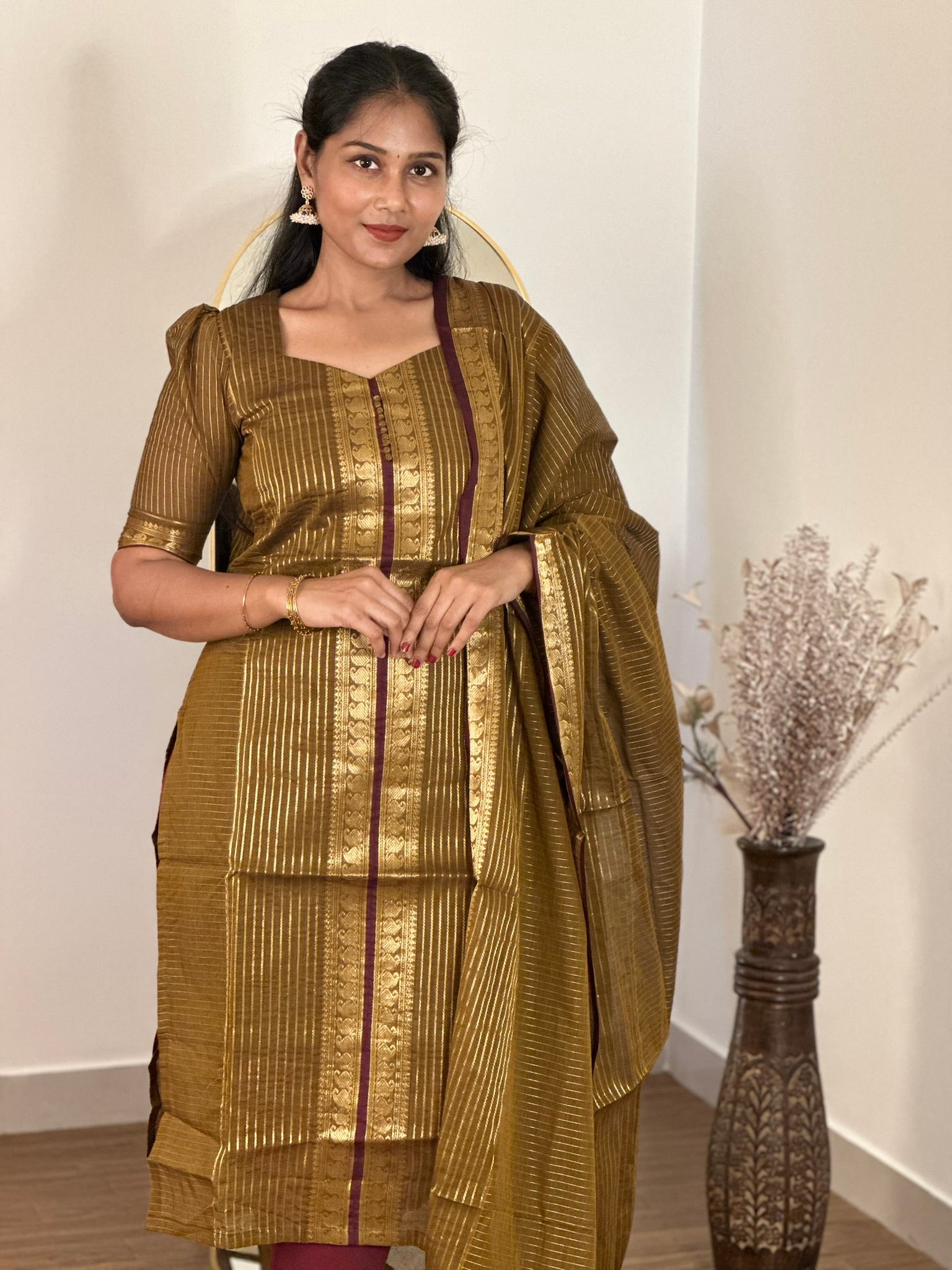 SIYA079  Mustard | Aarini Chettinad Cotton Kurti with Dupatta (2-Piece)
