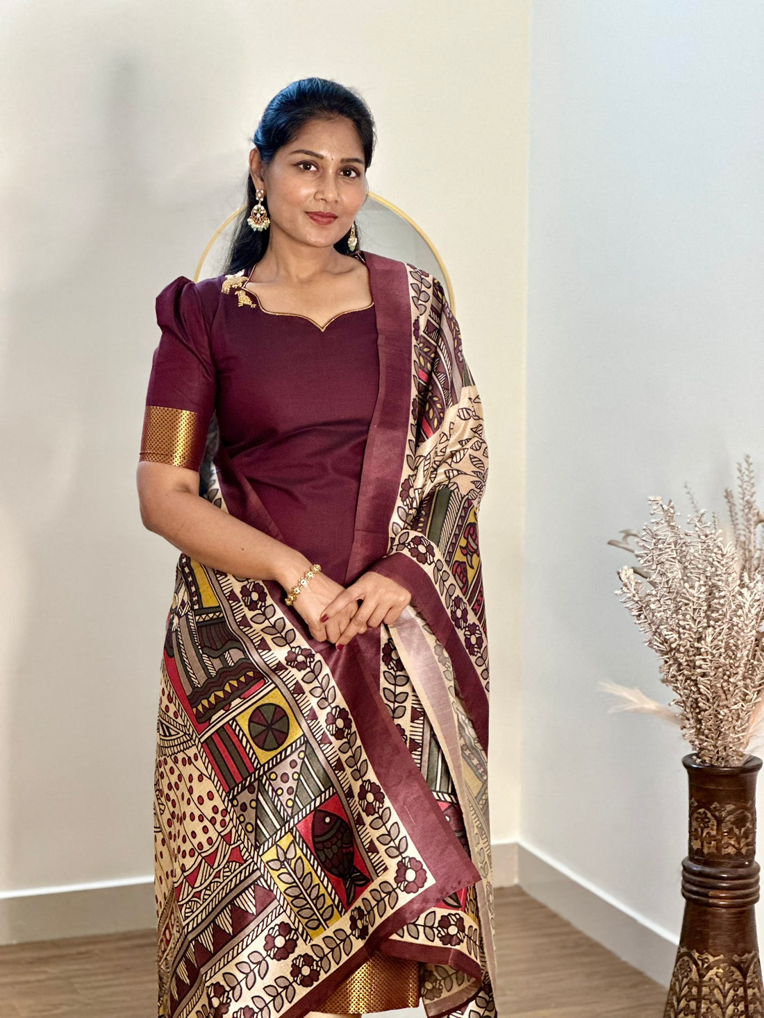SIYA081 Brown | Inaya Silk Cotton Kurta Set with Assam Silk Dupatta (2-Piece)