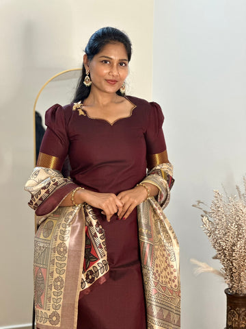 SIYA081 Brown | Inaya Silk Cotton Kurta Set with Assam Silk Dupatta (2-Piece)