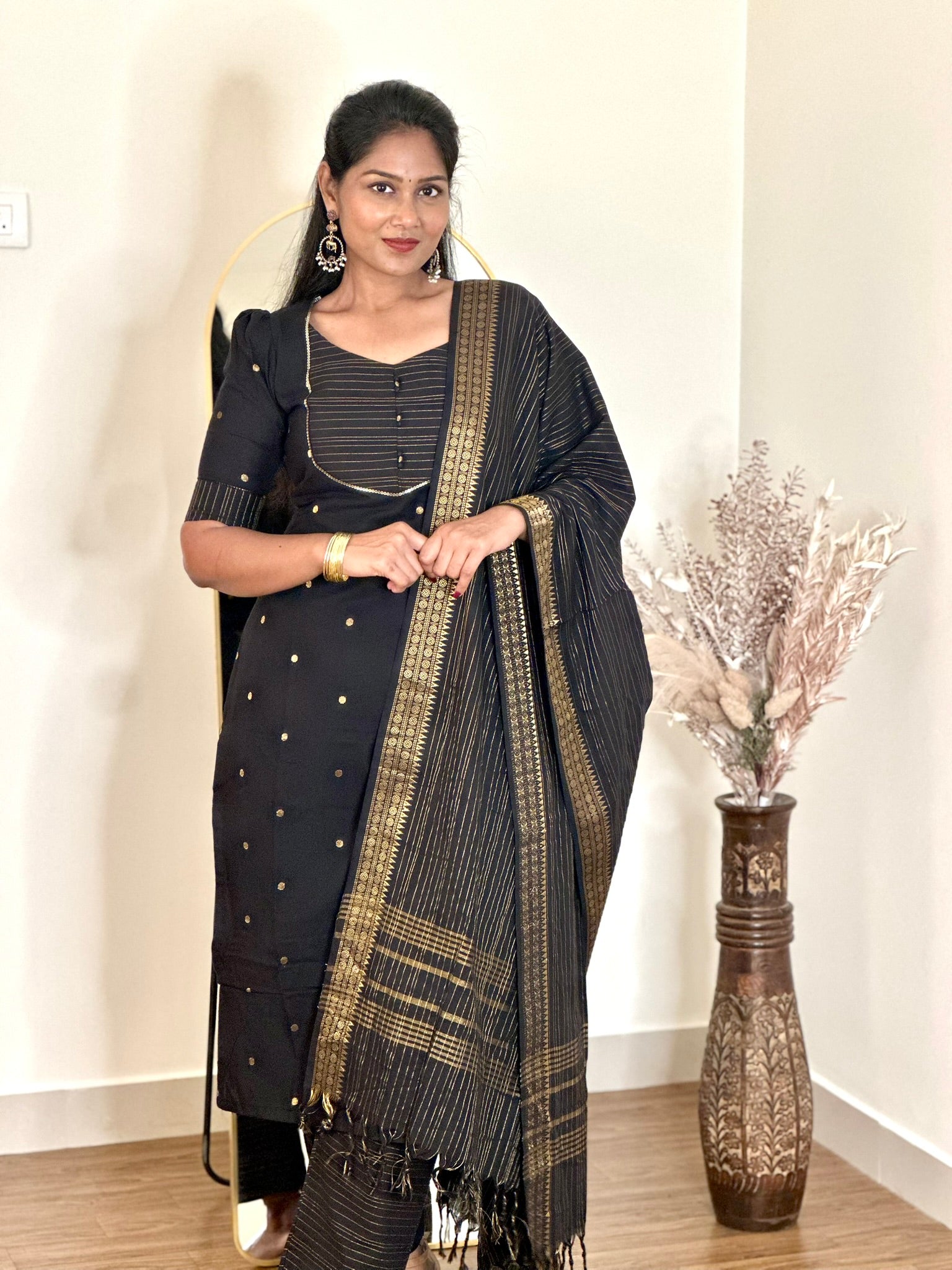 SIYA083 Black | Meher Handloom Cotton Kurta Set (3-Piece)