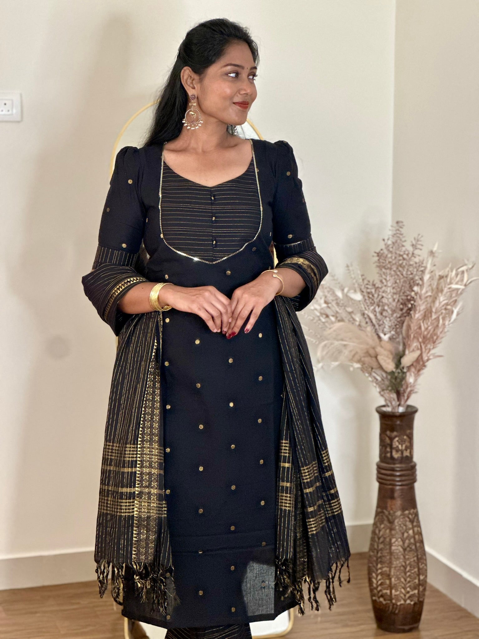 SIYA083 Black | Meher Handloom Cotton Kurta Set (3-Piece)
