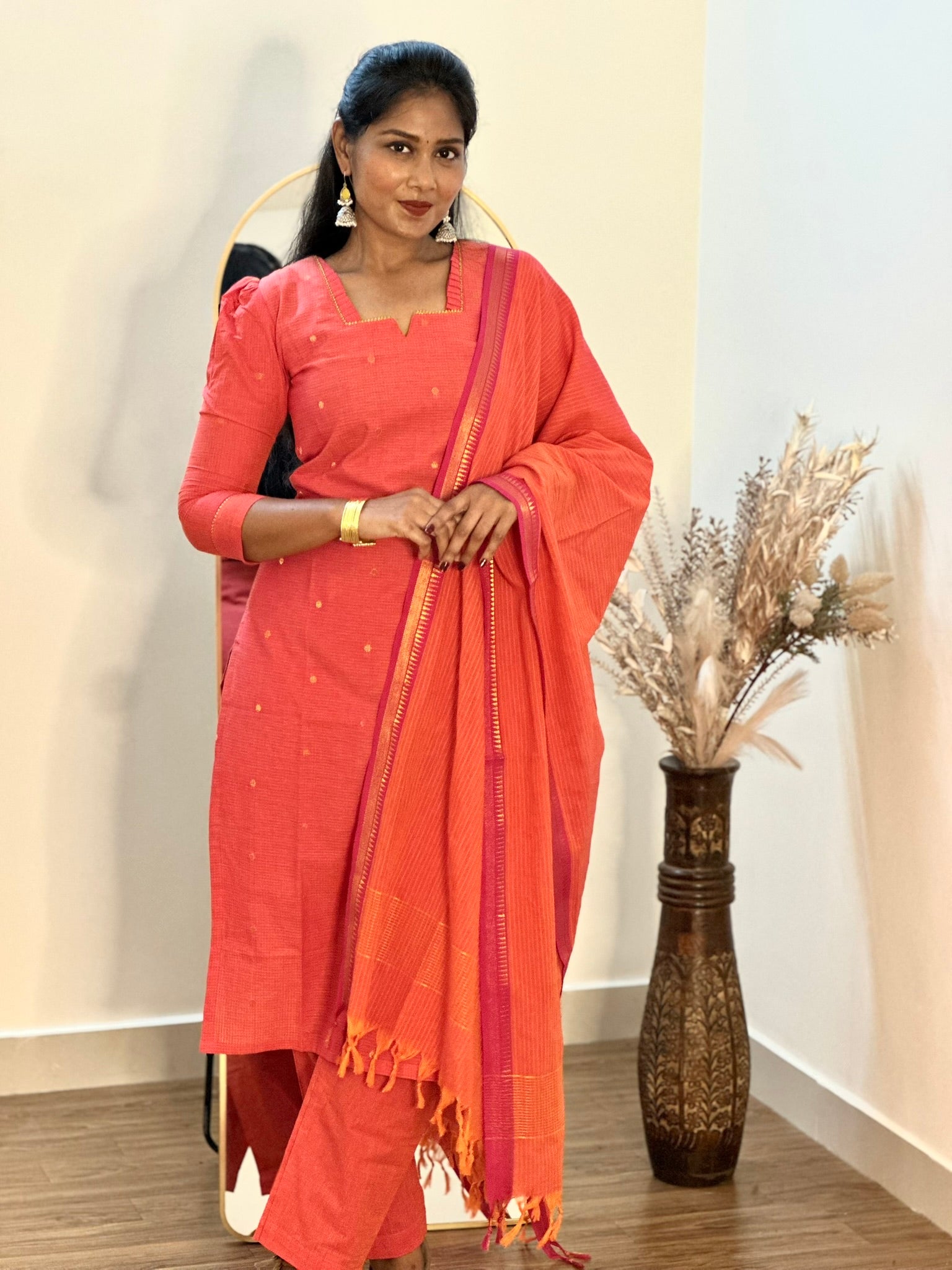 SIYA084 Orange | Aafreen Handloom Cotton Kurta Set (3-Piece)