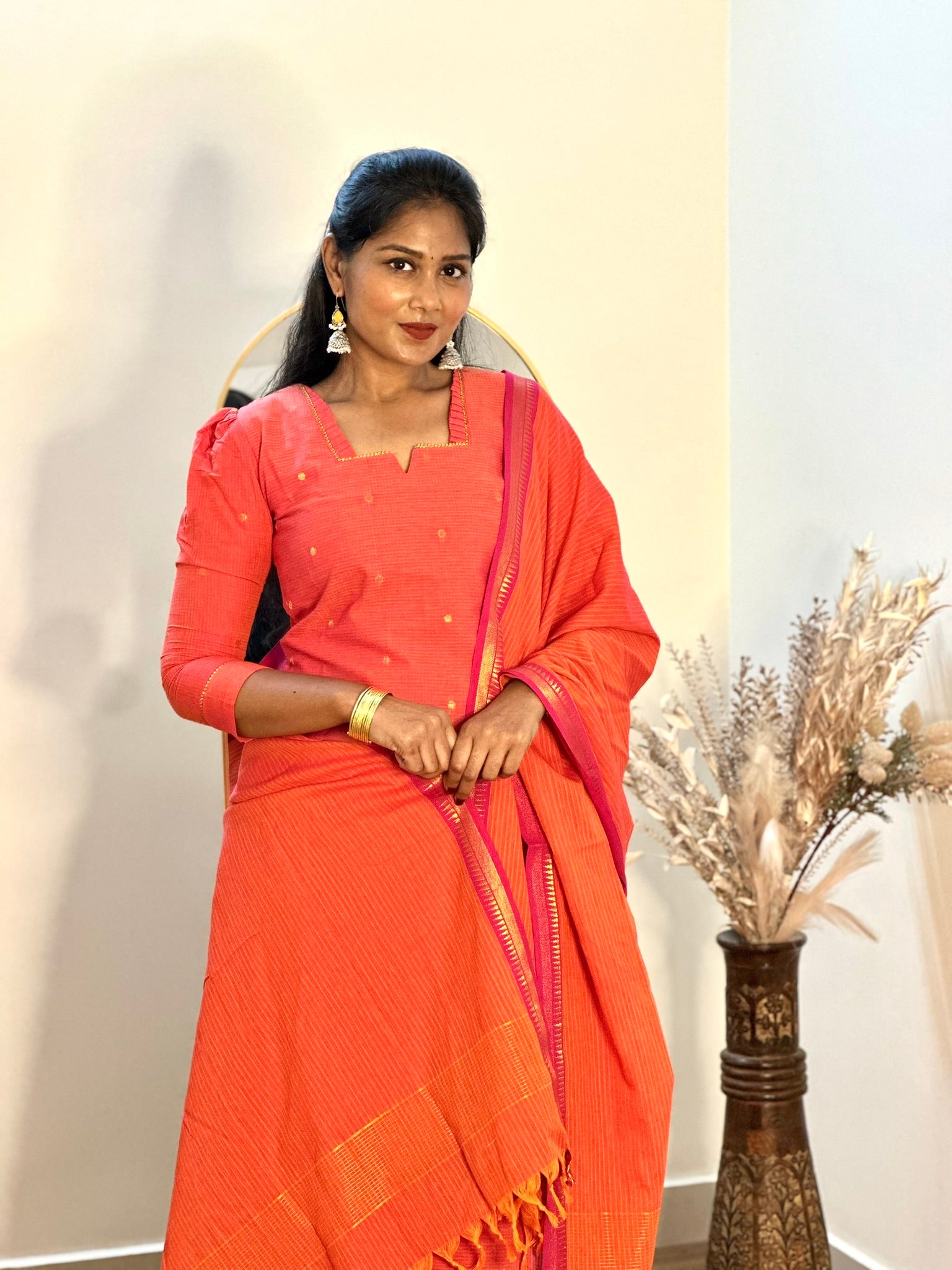 SIYA084 Orange | Aafreen Handloom Cotton Kurta Set (3-Piece)