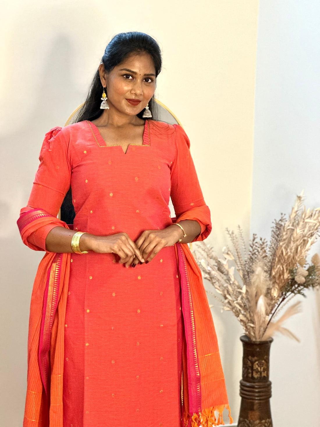 SIYA084 Orange | Aafreen Handloom Cotton Kurta Set (3-Piece)