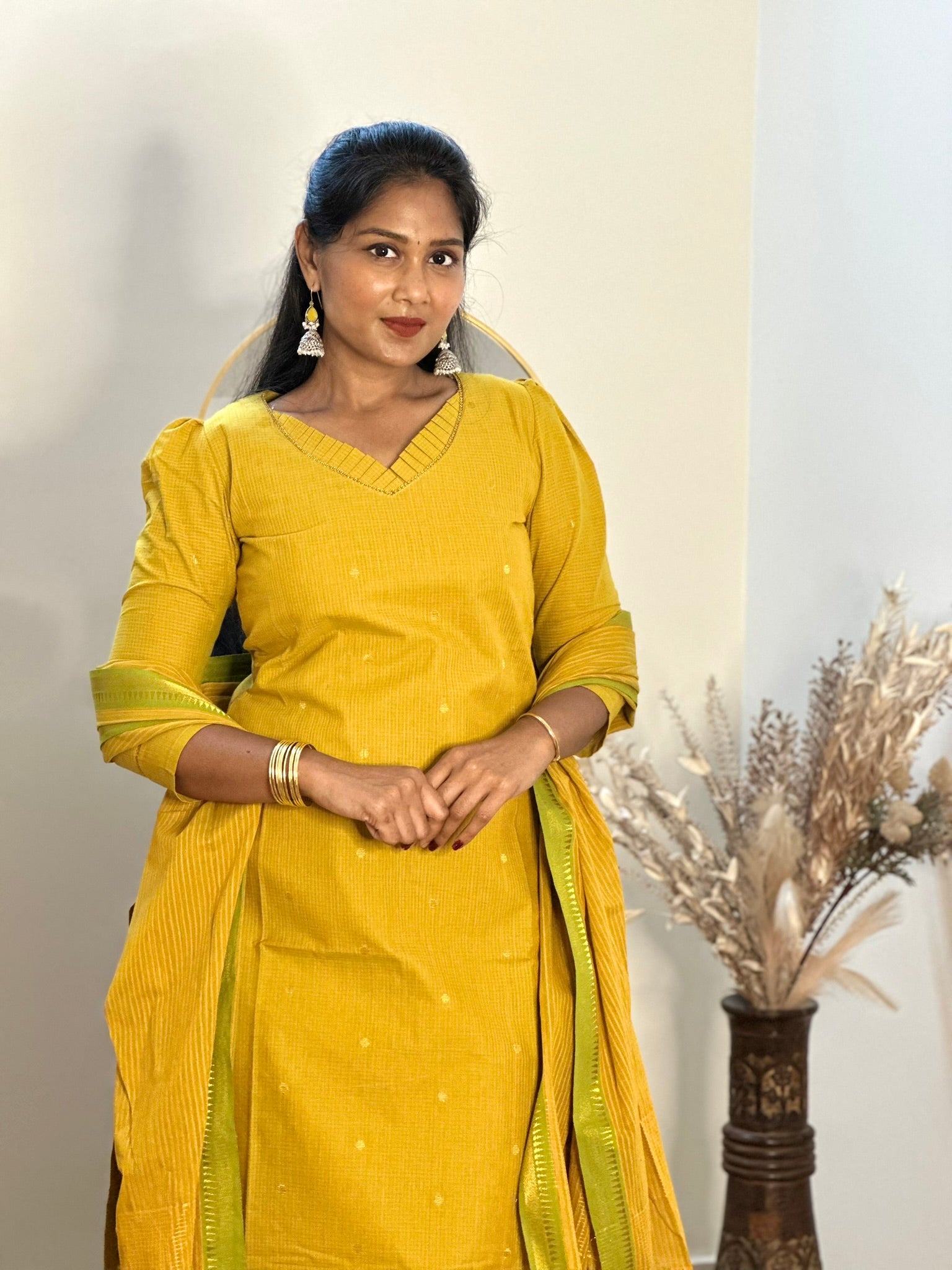 SIYA084 Yellow | Aafreen Handloom Cotton Kurta Set (3-Piece)