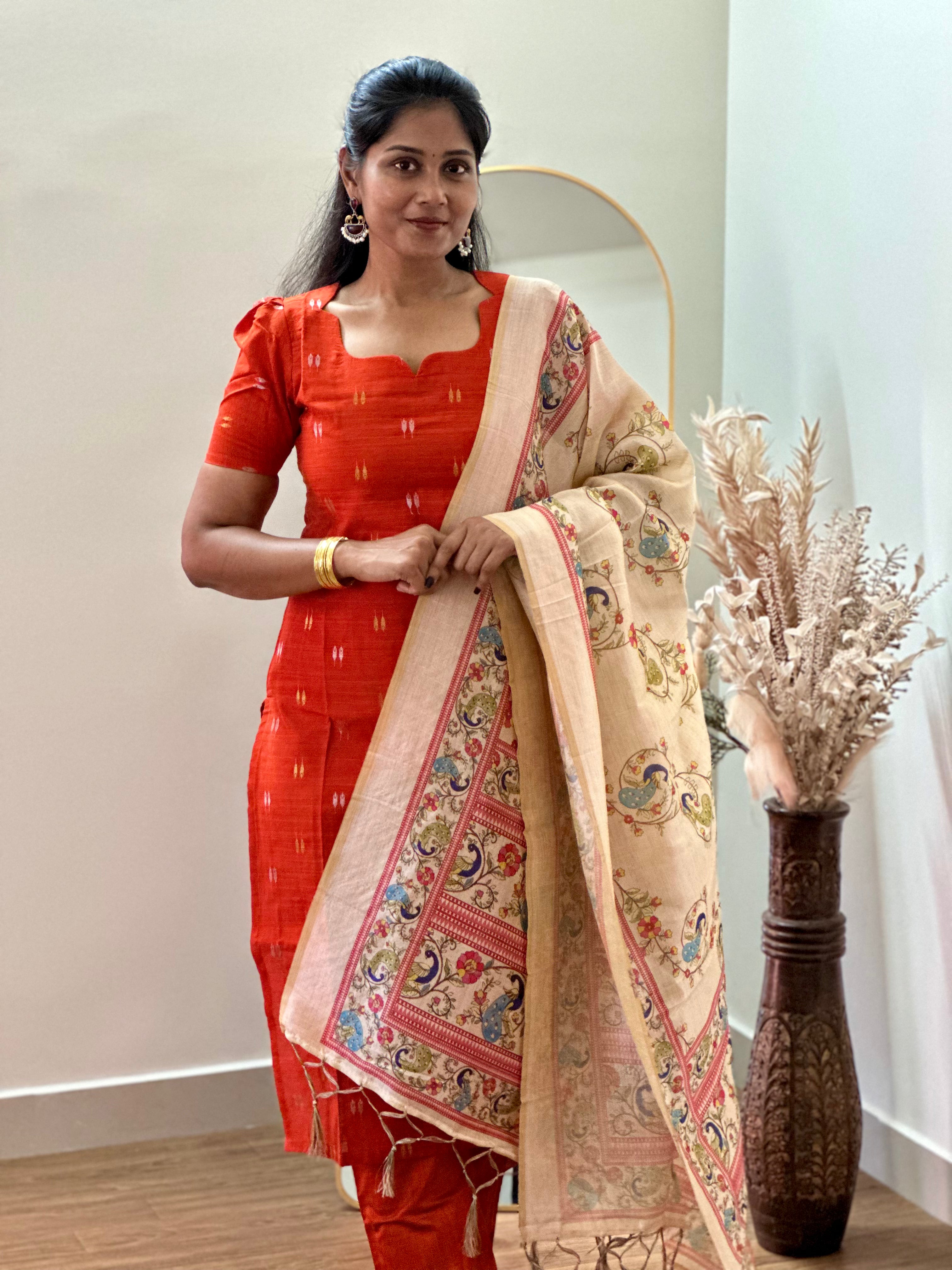 SIYA053 | Aarini Raw Silk Salwar Suit Set (3-Piece) - Orange
