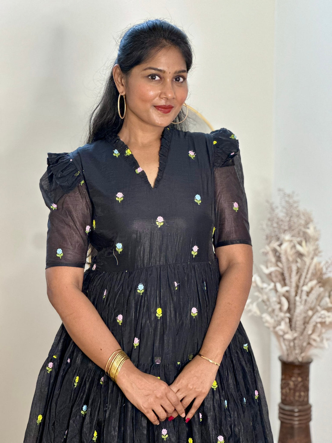 SIYA087 Black | Ziva Mul Chanderi Tiered Frock