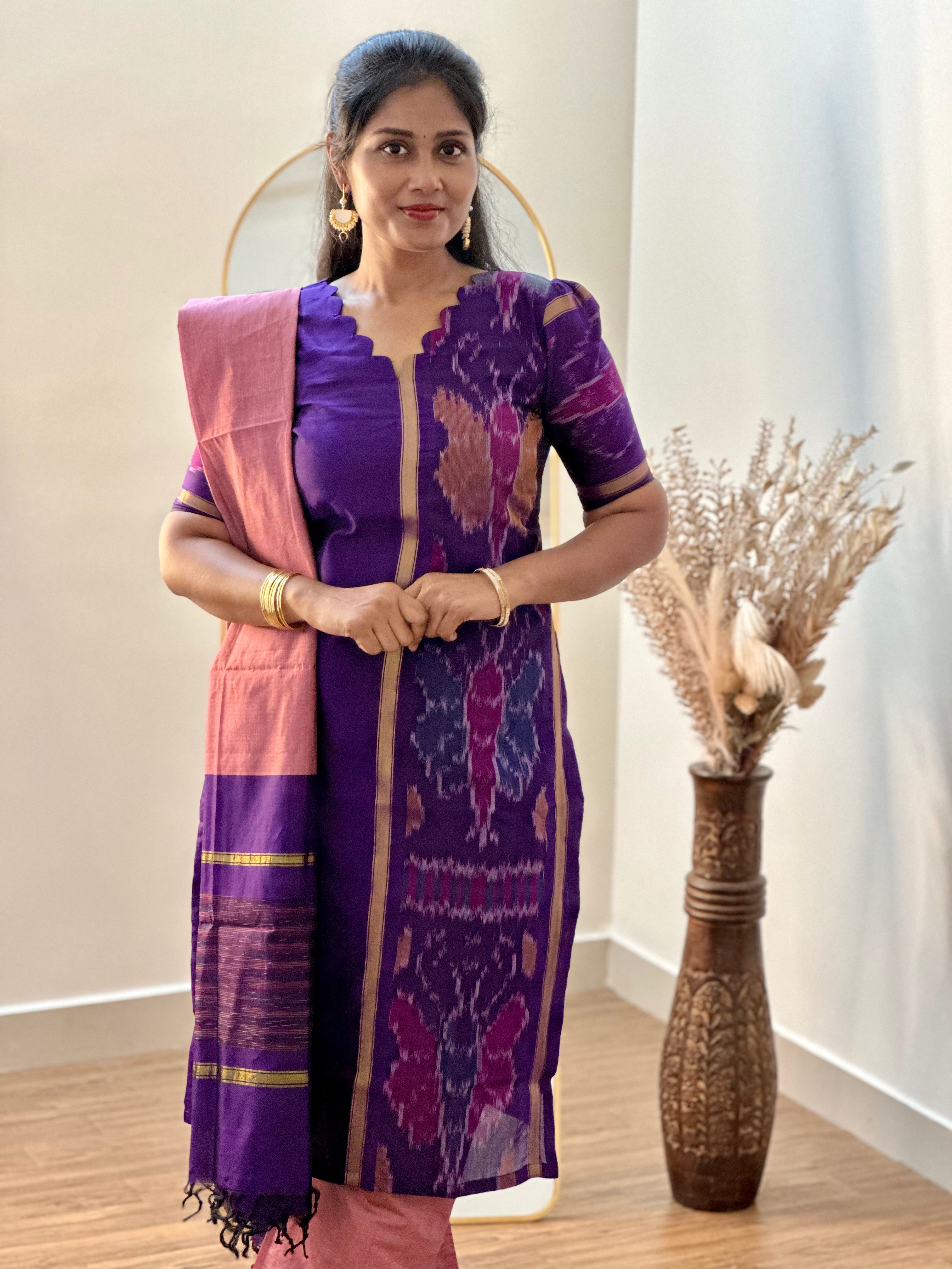 SIYA055 | Varnika Pochampally Seiko Silk Kurta Set (3-Piece) - Purple