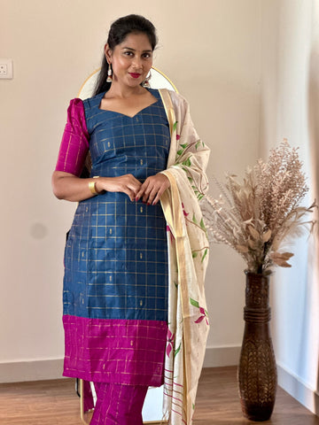 SIYA089 Blue | Ziva Dupion Silk Kurta Set with Handpainted Tussar Dupatta (3-Piece)
