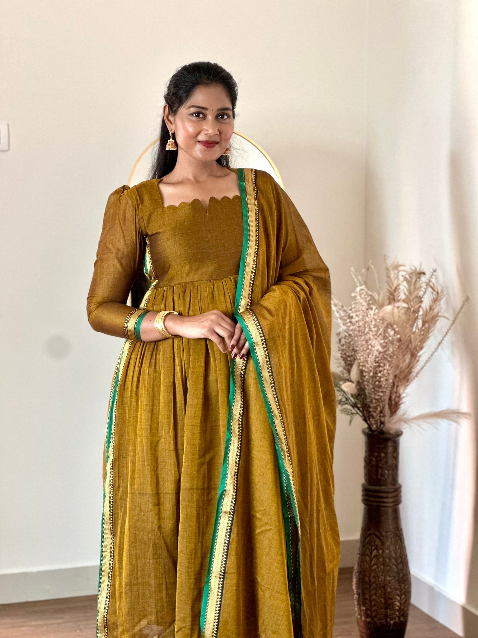 SIYA090 Mustard | Aira Narayanpet Cotton Maxi Dress (2-Piece)