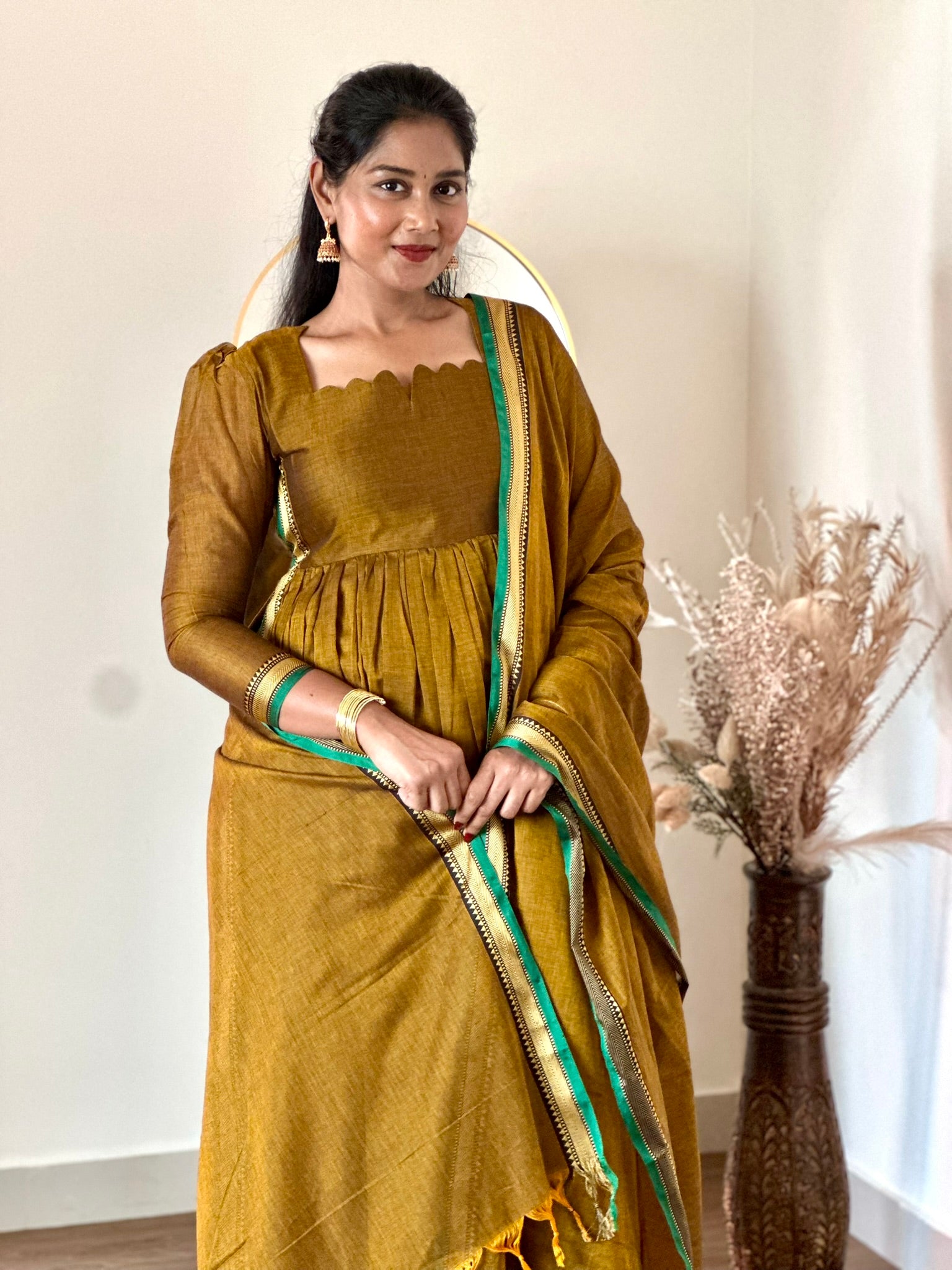 SIYA090 Mustard | Aira Narayanpet Cotton Maxi Dress (2-Piece)