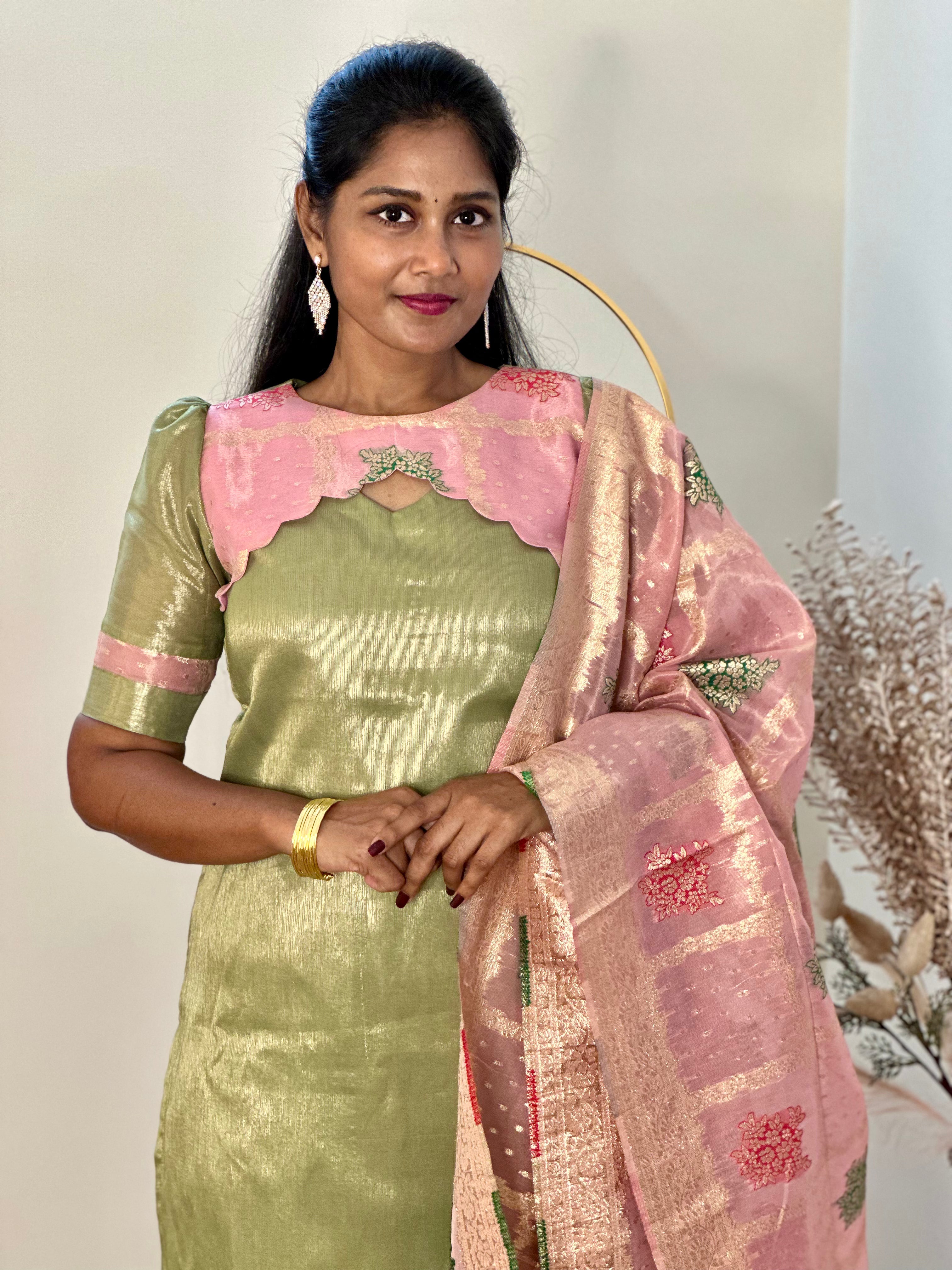 SIYA058 | Aveen Pastel Tissue Kurta Set with Jacquard Dupatta (3-Piece) - Green