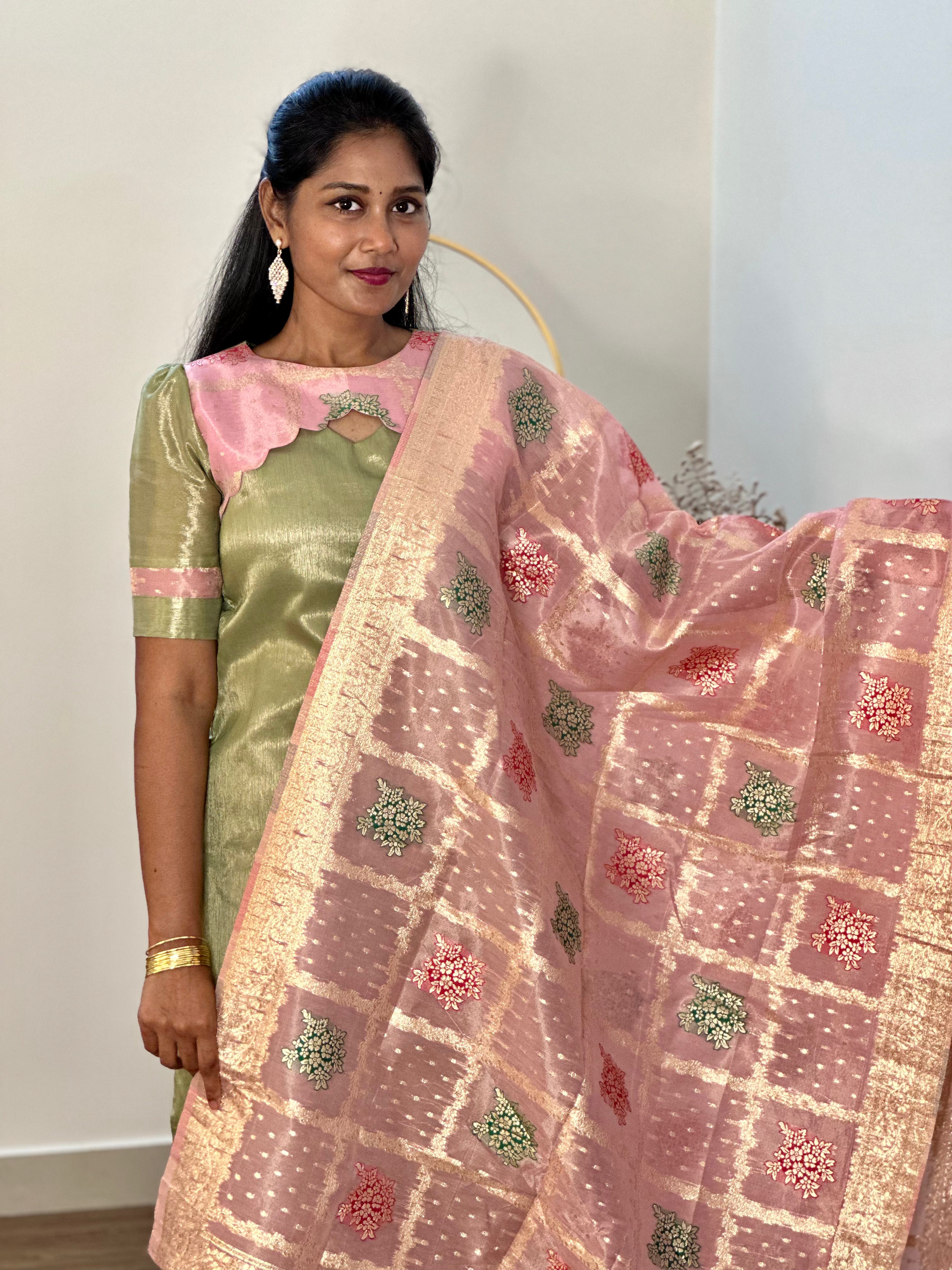 SIYA058 | Aveen Pastel Tissue Kurta Set with Jacquard Dupatta (3-Piece) - Green