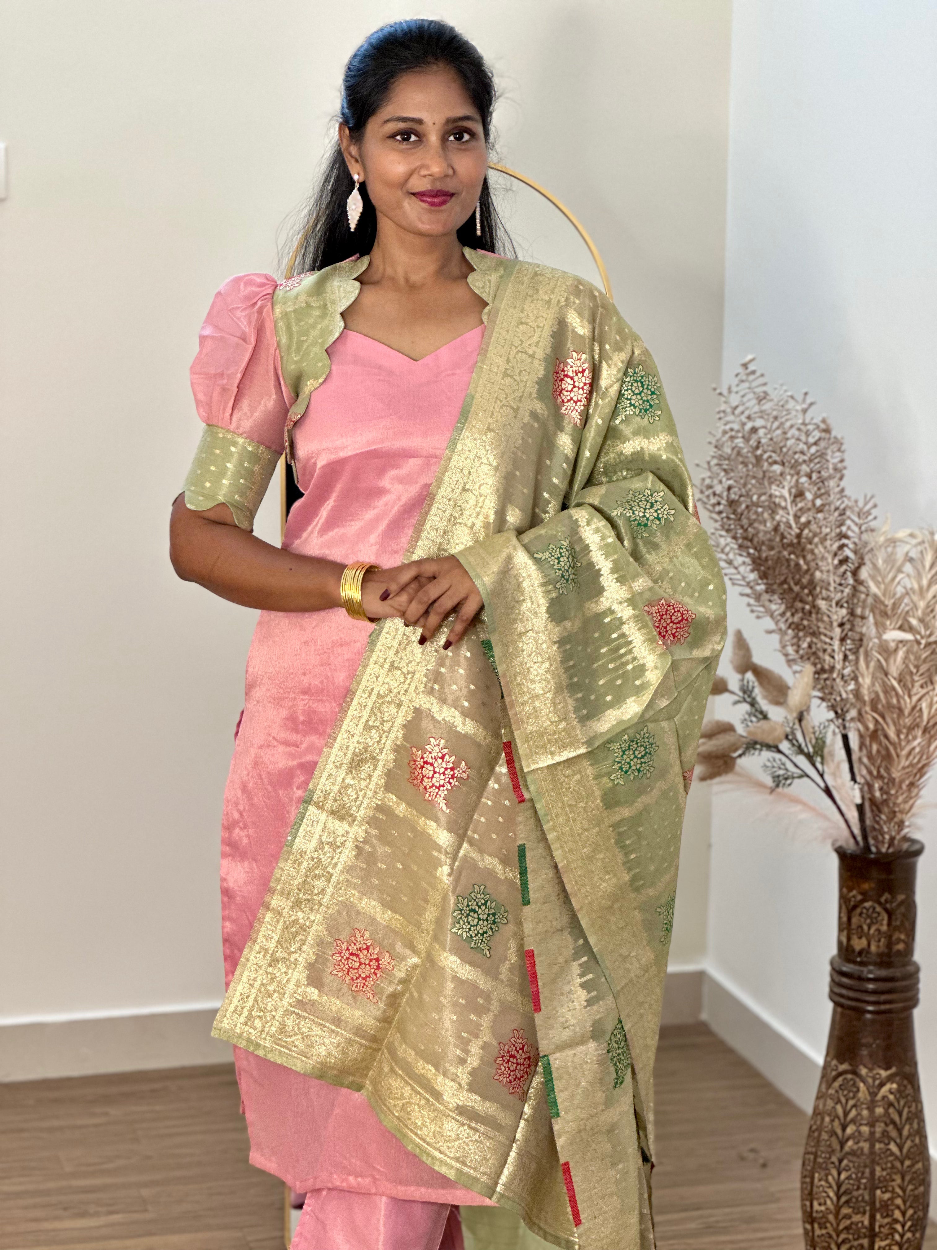 SIYA058 | Aveen Pastel Tissue Kurta Set with Jacquard Dupatta (3-Piece) - Pink