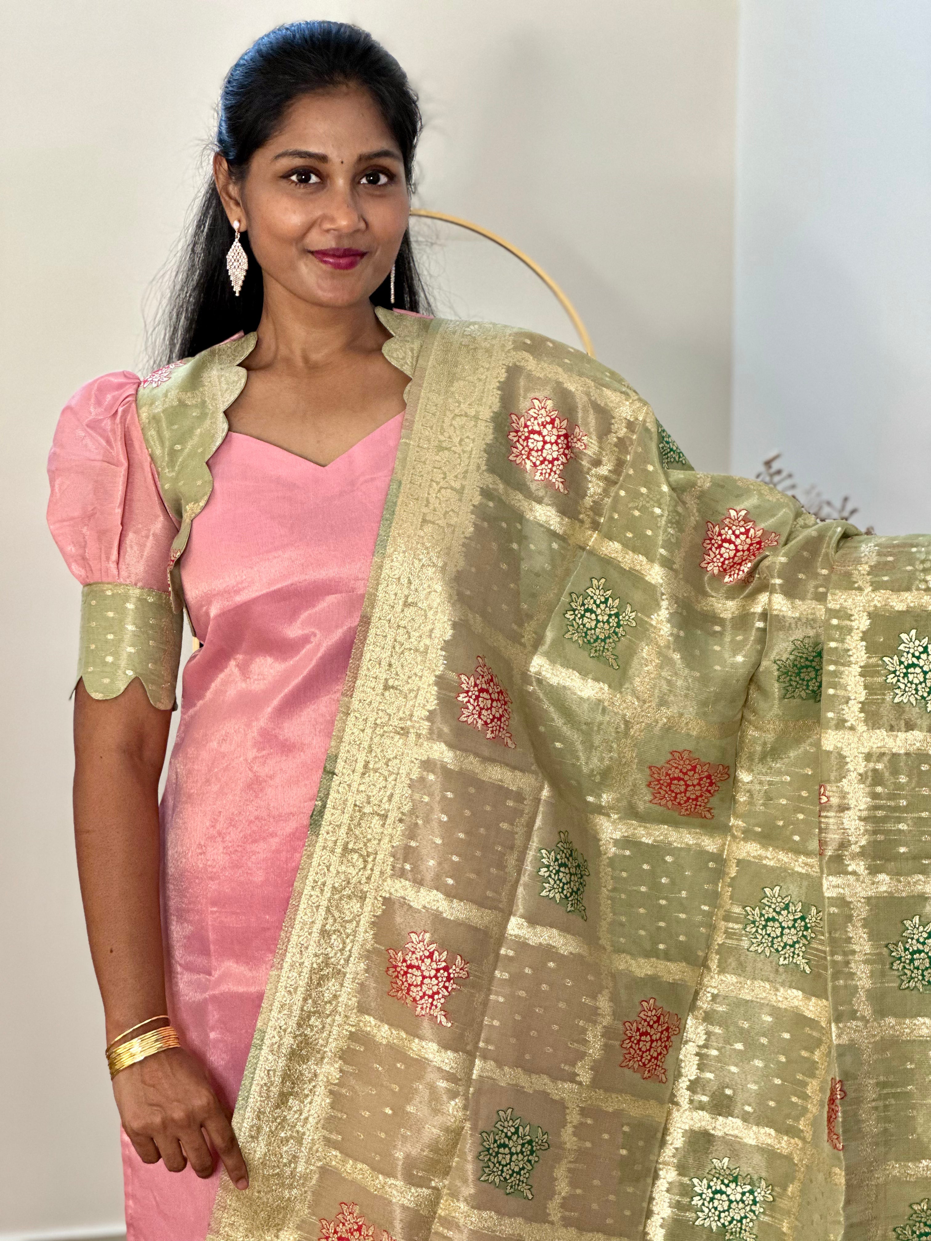 SIYA058 | Aveen Pastel Tissue Kurta Set with Jacquard Dupatta (3-Piece) - Pink