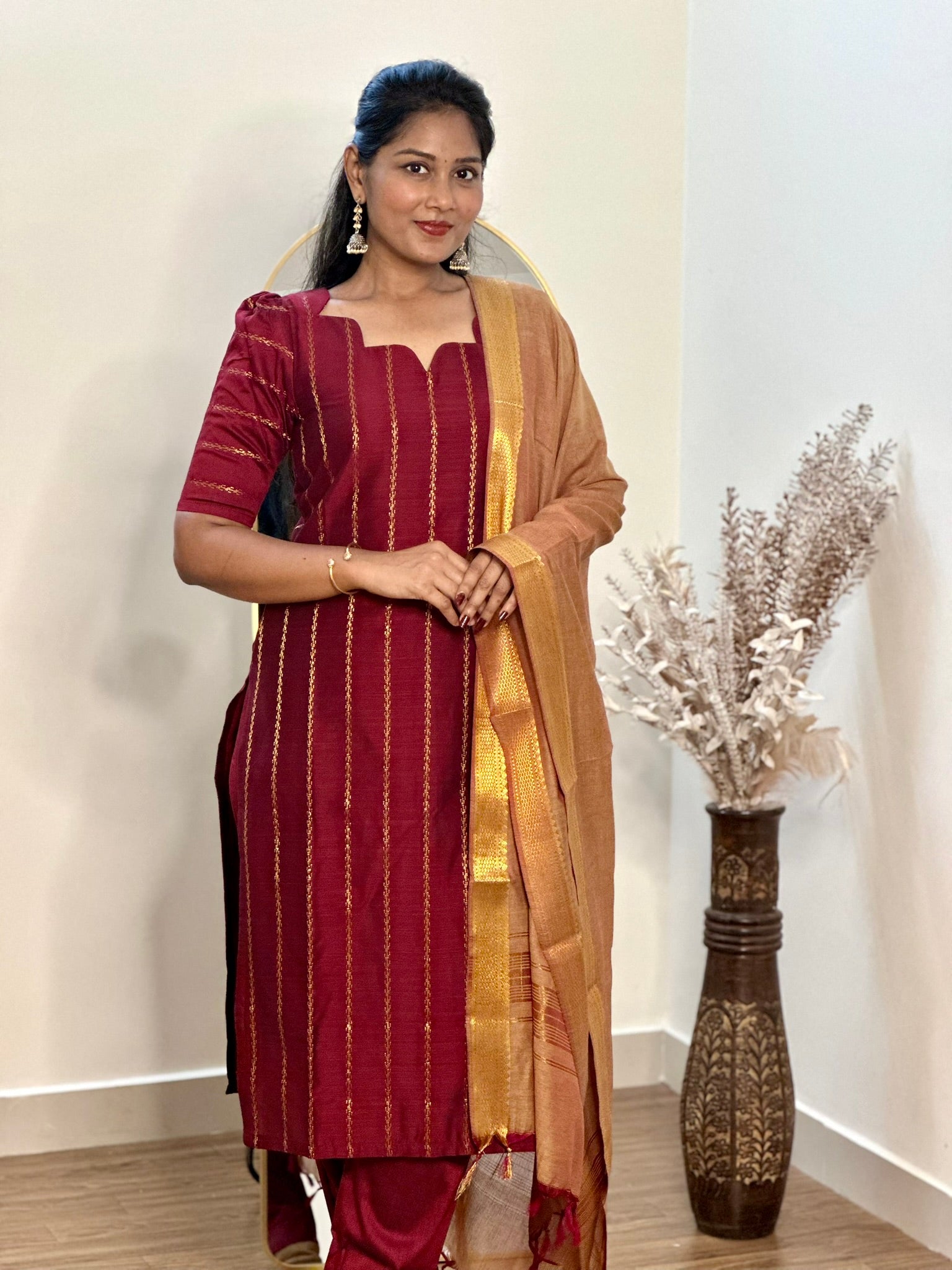 SIYA093 Maroon | Noor Raw Silk Kurta Set (3-Piece)