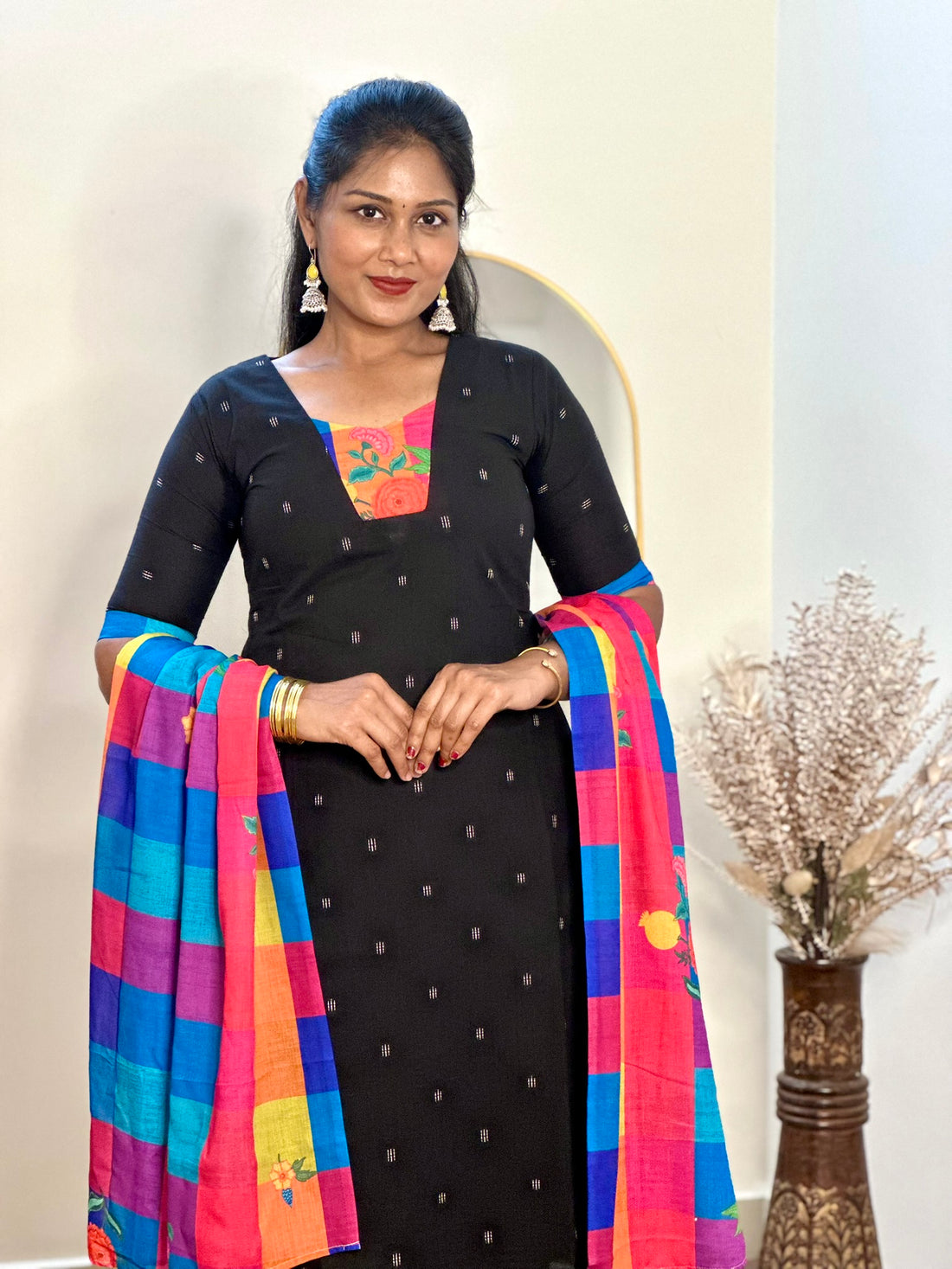 SIYA098 Black | Aira South Cotton Kurta Set with Madras Checks Dupatta (3-Piece)