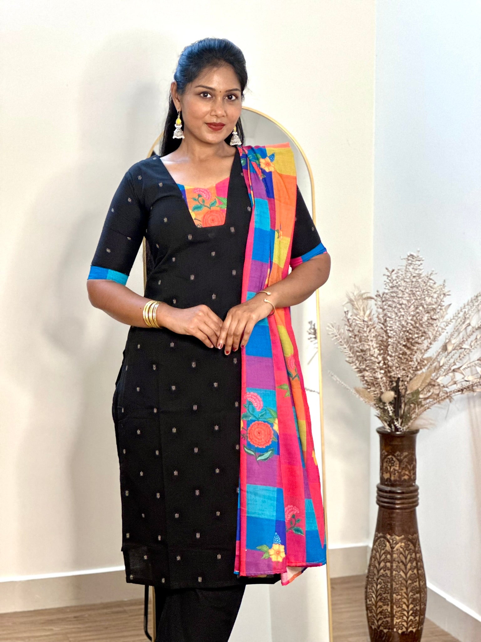 SIYA098 Black | Aira South Cotton Kurta Set with Madras Checks Dupatta (3-Piece)