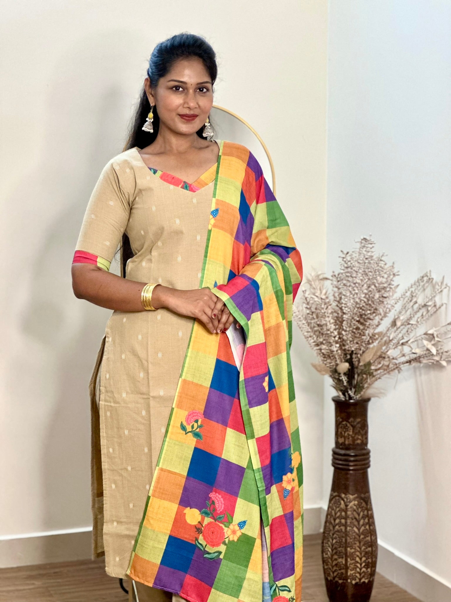 SIYA098 Beige | Aira South Cotton Kurta Set with Madras Checks Dupatta (3-Piece)
