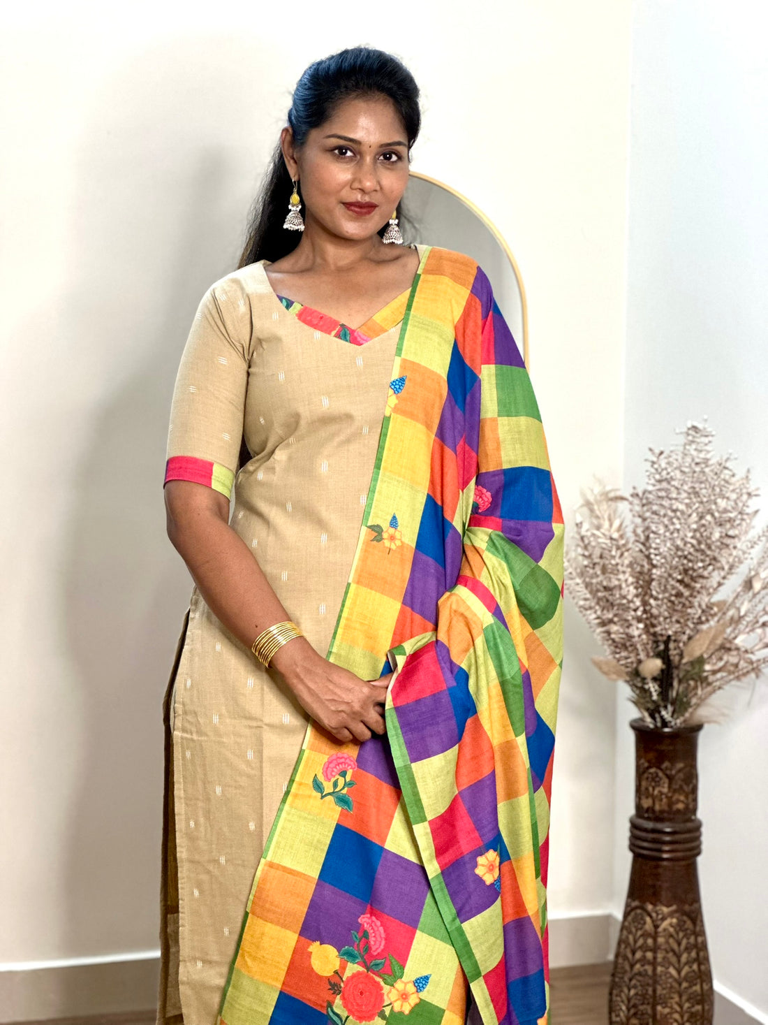 SIYA098 Beige | Aira South Cotton Kurta Set with Madras Checks Dupatta (3-Piece)