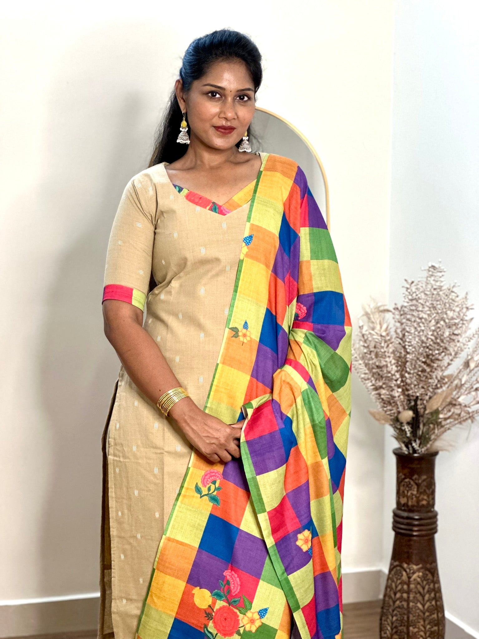 SIYA098 Beige | Aira South Cotton Kurta Set with Madras Checks Dupatta (3-Piece)