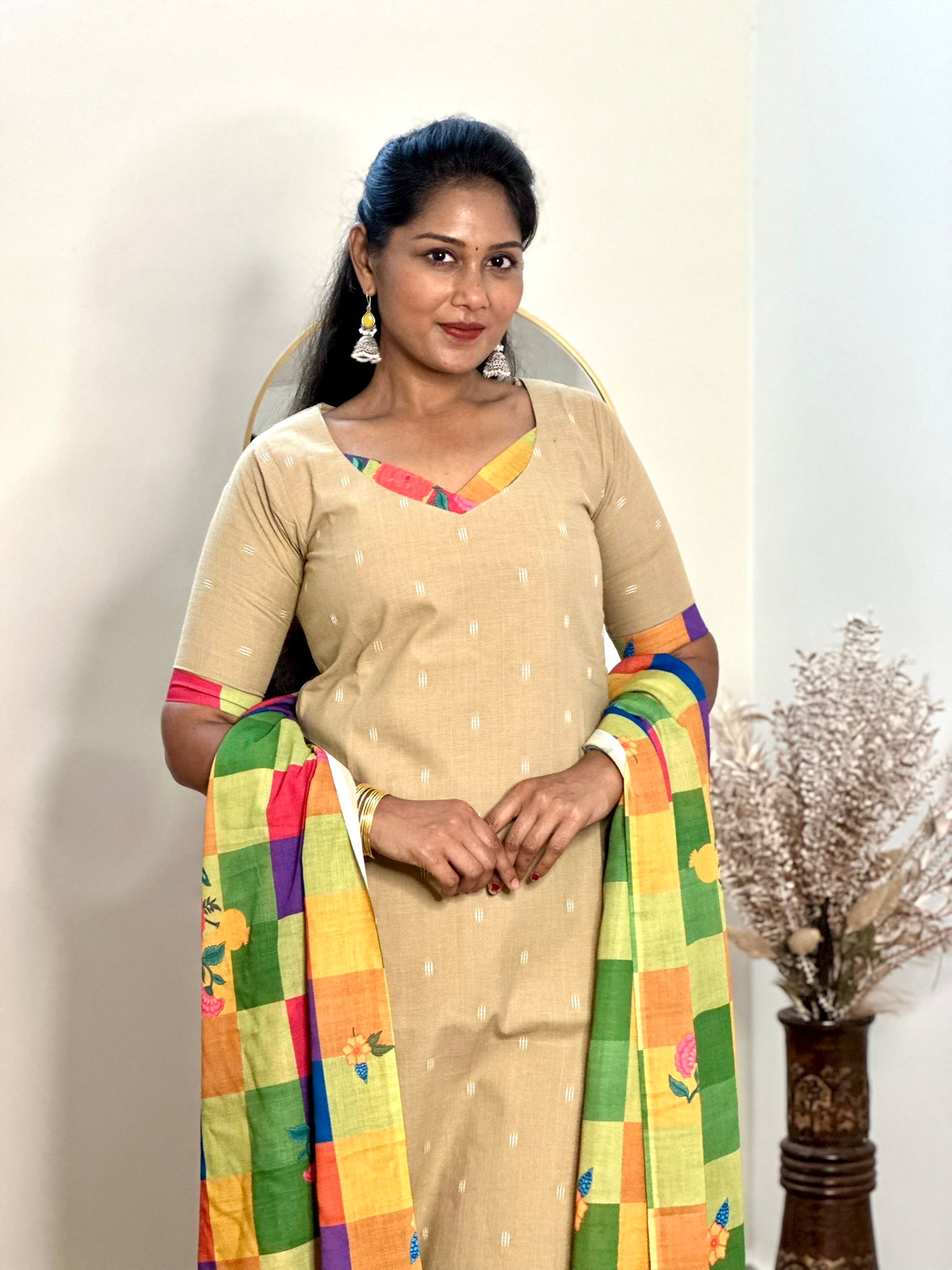 SIYA098 Beige | Aira South Cotton Kurta Set with Madras Checks Dupatta (3-Piece)