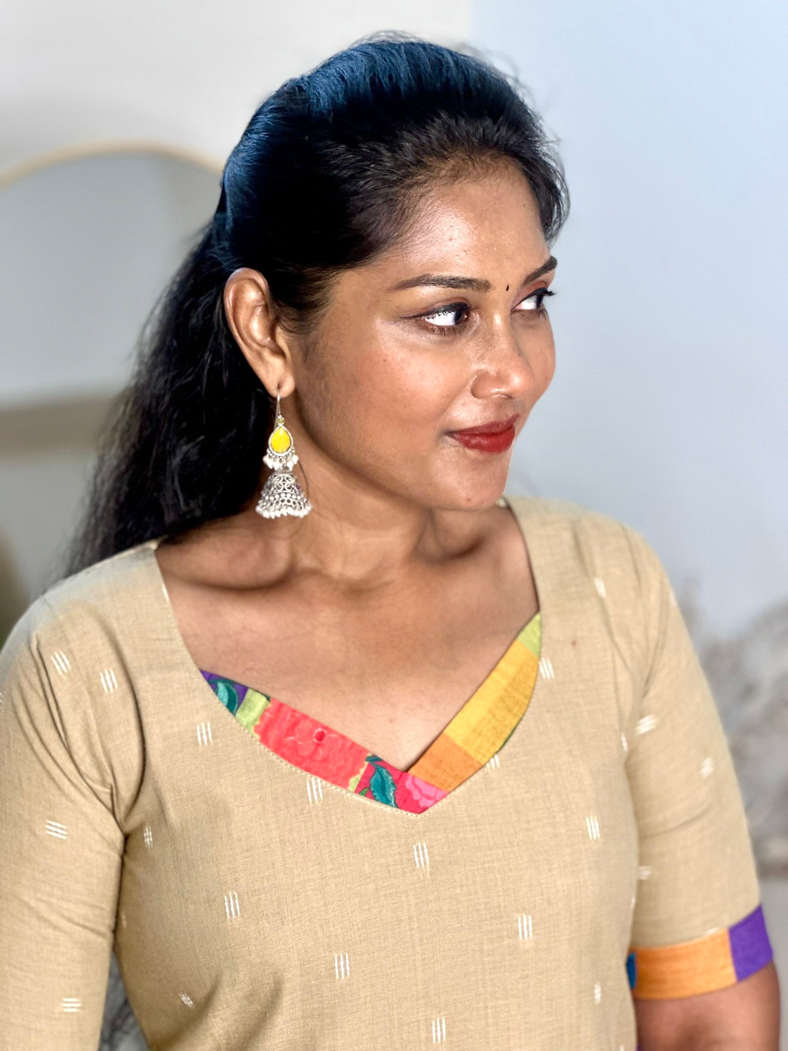 SIYA098 Beige | Aira South Cotton Kurta Set with Madras Checks Dupatta (3-Piece)