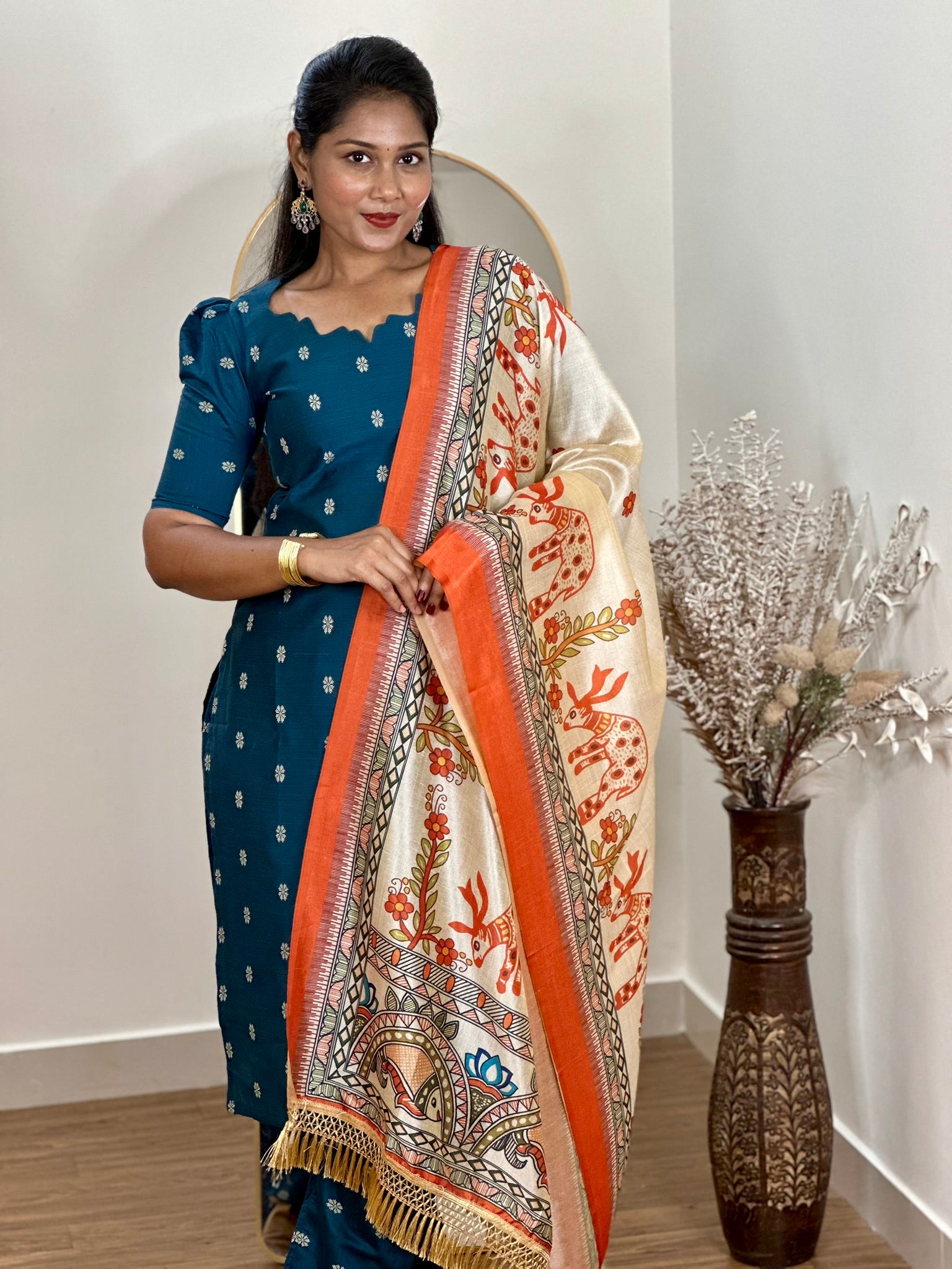 SIYA099 Blue | Noor Raw Silk Kurta Set with Printed Tussar Dupatta (3-Piece)