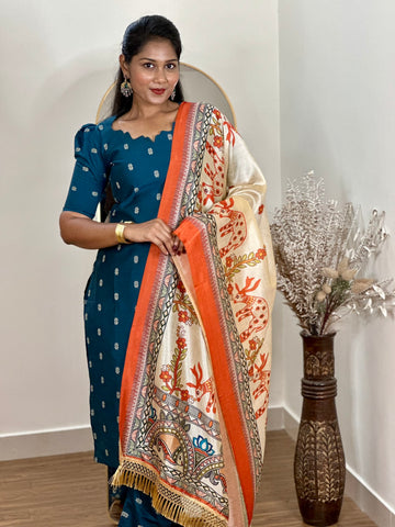SIYA099 Blue | Noor Raw Silk Kurta Set with Printed Tussar Dupatta (3-Piece)