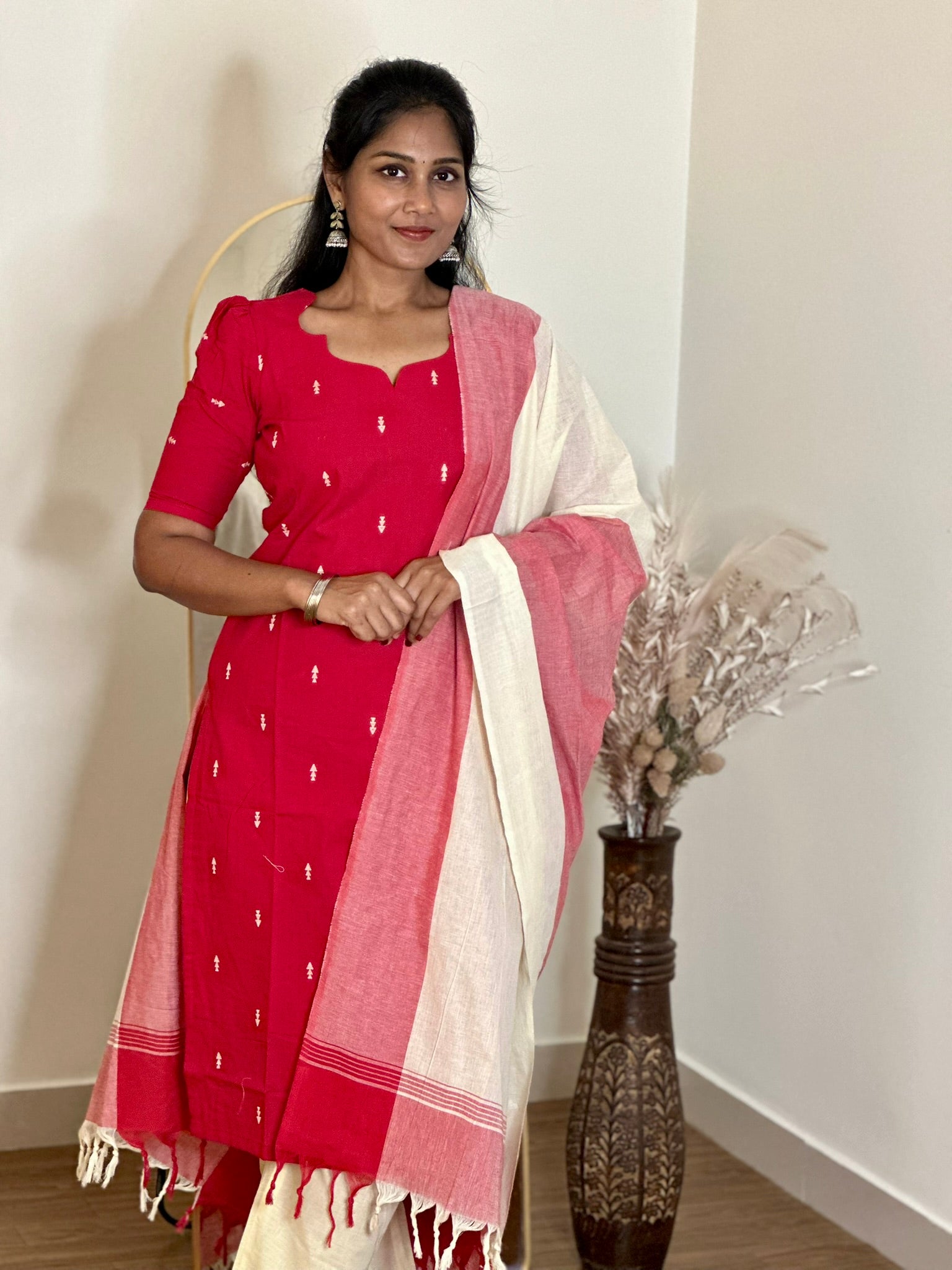 SIYA062 Red | Zariya Handloom Cotton Kurta Set (3-Piece)