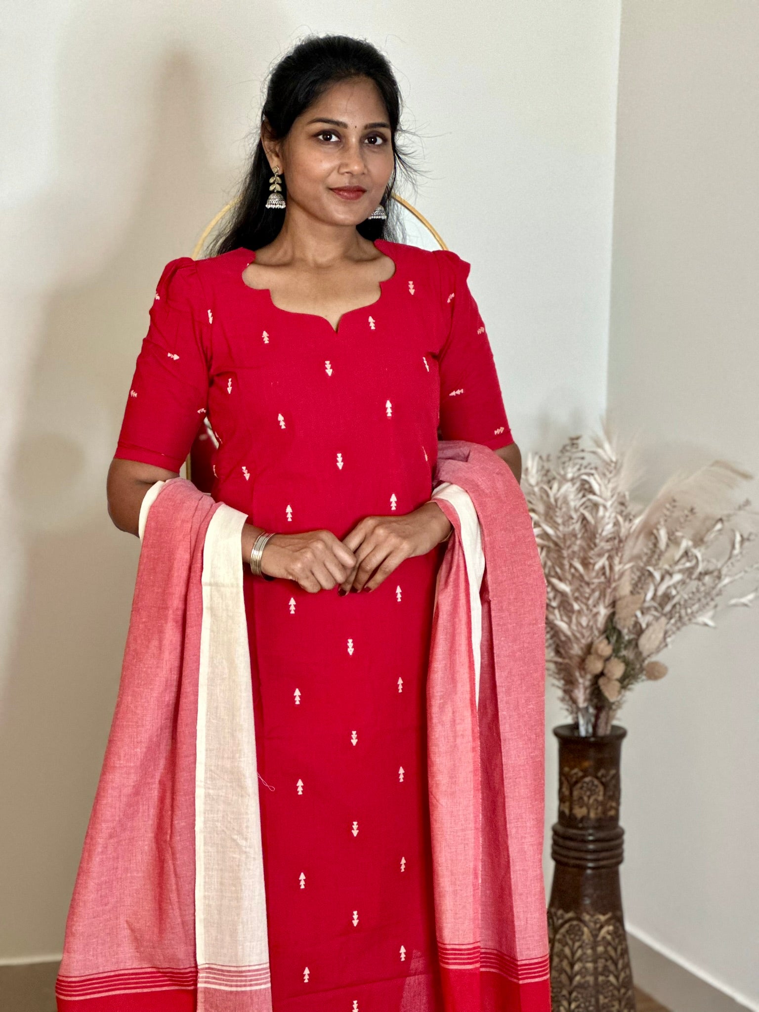 SIYA062 Red | Zariya Handloom Cotton Kurta Set (3-Piece)