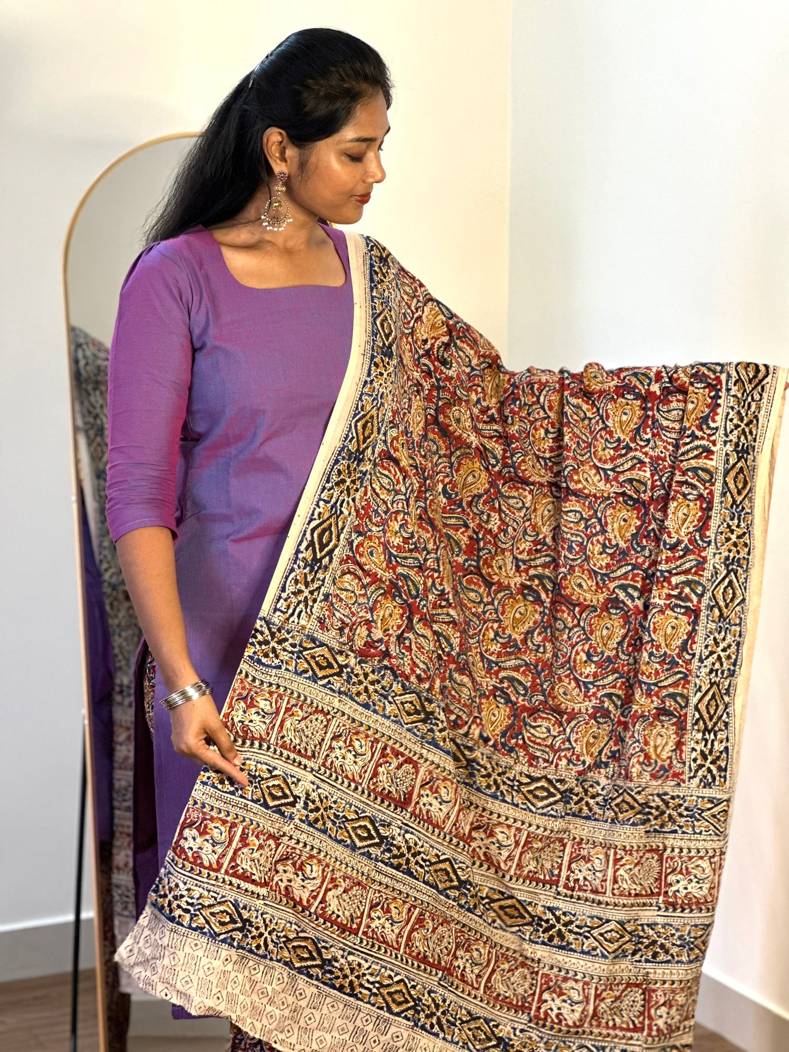 SIYA063 Lavender | Ruhani Handblock Cotton Kurta Set with Kalamkari Dupatta (3-Piece)