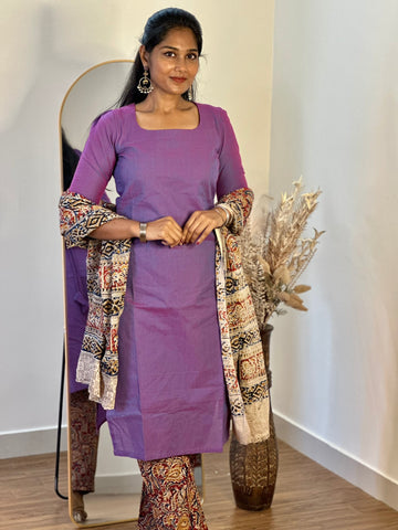 SIYA063 Lavender | Ruhani Handblock Cotton Kurta Set with Kalamkari Dupatta (3-Piece)