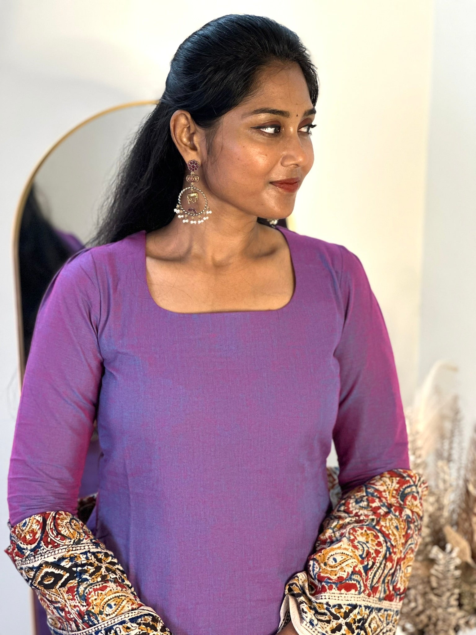 SIYA063 Lavender | Ruhani Handblock Cotton Kurta Set with Kalamkari Dupatta (3-Piece)