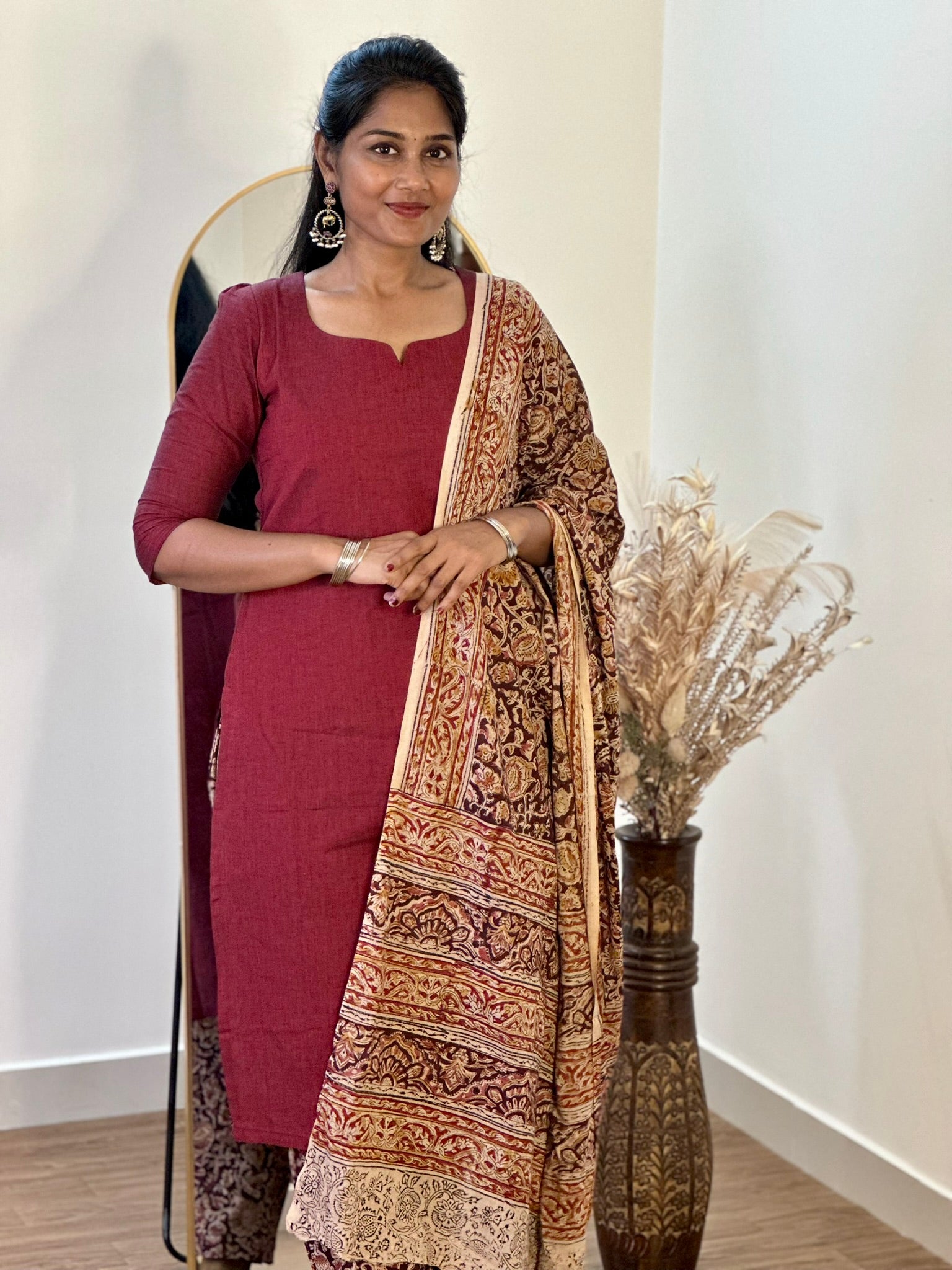 SIYA063 Brown | Ruhani Handblock Cotton Kurta Set with Kalamkari Dupatta (3-Piece)