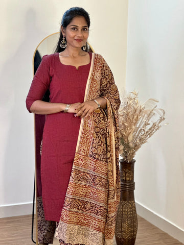 SIYA063 Brown | Ruhani Handblock Cotton Kurta Set with Kalamkari Dupatta (3-Piece)