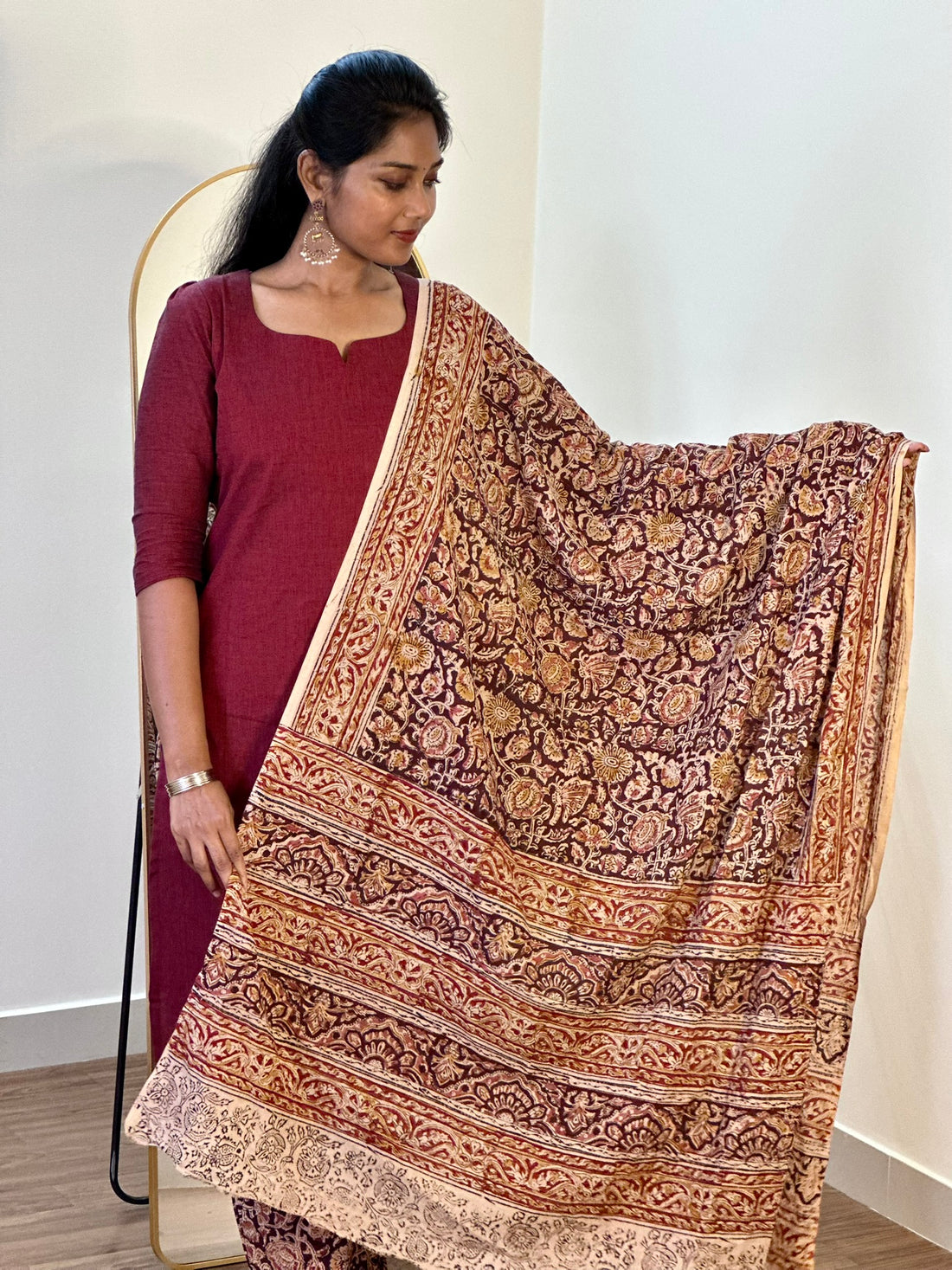 SIYA063 Brown | Ruhani Handblock Cotton Kurta Set with Kalamkari Dupatta (3-Piece)