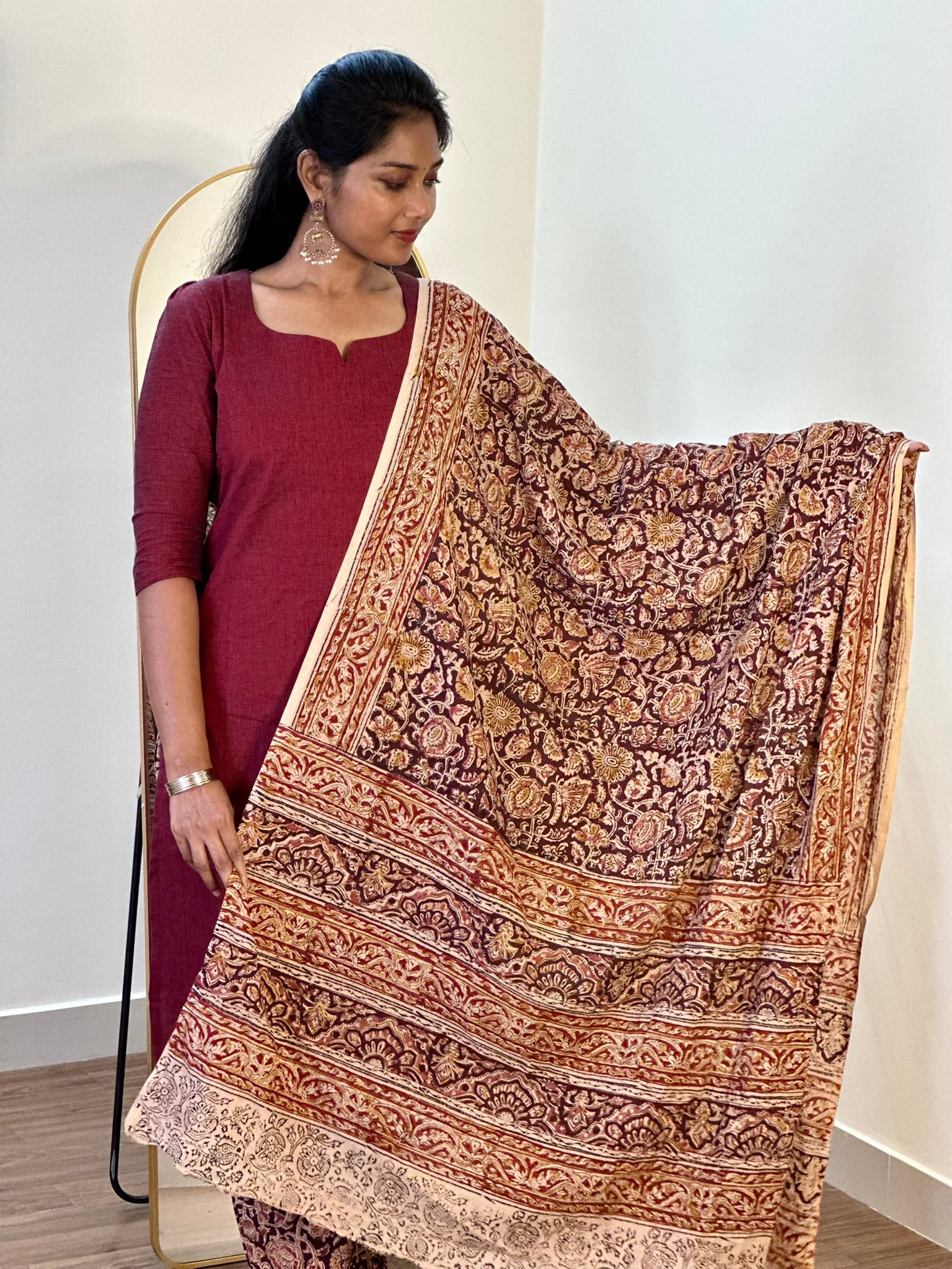 SIYA063 Brown | Ruhani Handblock Cotton Kurta Set with Kalamkari Dupatta (3-Piece)