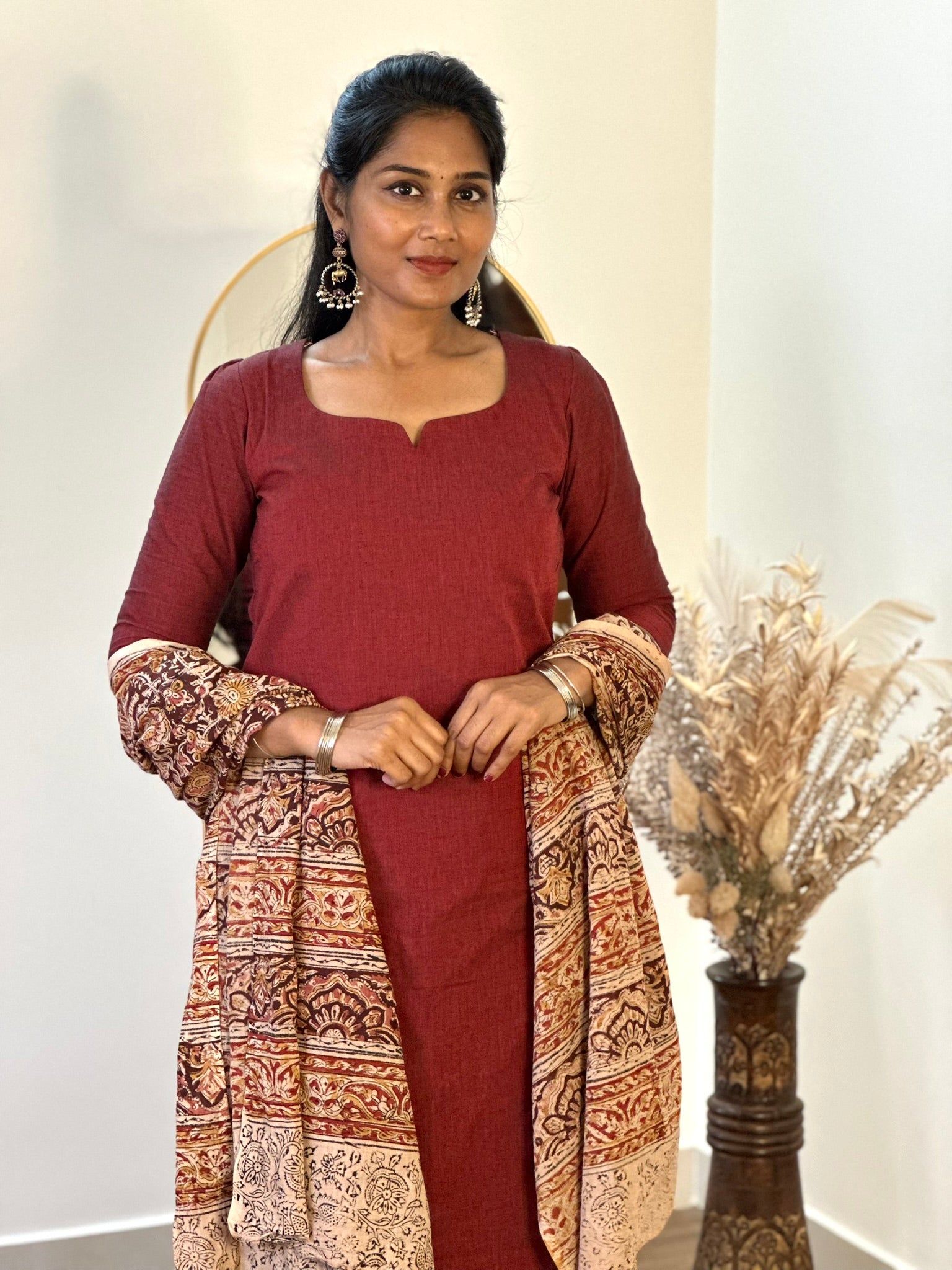 SIYA063 Brown | Ruhani Handblock Cotton Kurta Set with Kalamkari Dupatta (3-Piece)