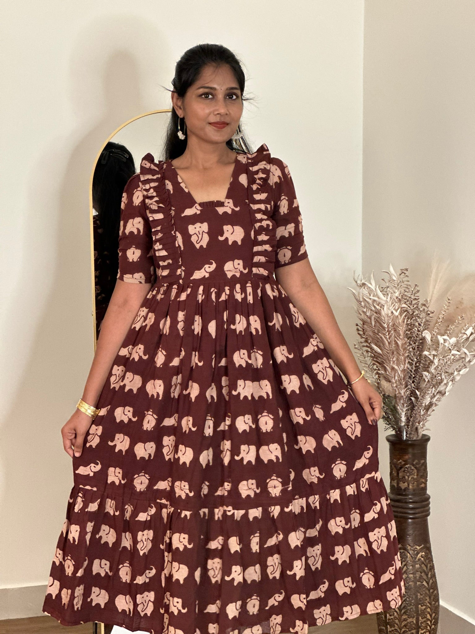 SIYA064 Brown | Saanvi Kalamkari Cotton Maternity Maxi Dress | Feeding Friendly
